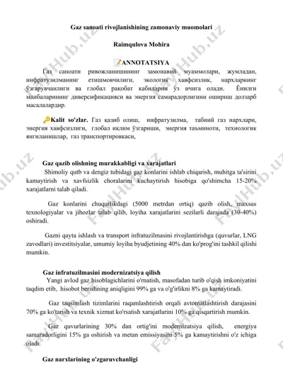 gaz sanoati rivojlanishining zamonaviy muomolari — DOCX