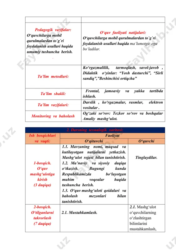 berish. · mobil texnologiyalarning kundalik hayotdagi o‘rnini tushuntirish. · ularning imkoniyatlari, afzalliklari va cheklovlari haqida bilim berish. mashg‘ulotga kirish bosqichlari: 1. o‘quvchilarning e’tiborini jalb qilish · savol-javob orqali suhbat boshlash (masalan: "sizningcha mobil qurilmalar hayotimizni qanchalik o‘zgartirdi?"). · mobil texnologiyalarga oid qiziqarli faktlarni taqdim etish. · kichik tajribalar yoki misollar orqali mavzuga oid muhokamalarni boshlash. 2. mavzuga oid asosiy tushunchalar · mobil qurilmalar ta'rifi: smartfonlar, planshetlar, aqlli soatlar va boshqa mobil gadjetlar. · mobil qurilmalarning rivojlanishi: tarixi va bugungi kundagi holati. · asosiy xususiyatlari: aloqa vositasi sifatida, axborot olish, ko‘ngilochar vosita, ish faoliyatida qo‘llash. 3. o‘quv maqsadlari va rejasini tushuntirish · o‘quvchilarga ushbu mavzuni o‘rganish orqali nimalarga erishishlari mumkinligini tushuntirish. · mashg‘ulot davomida qaysi mavzular yoritilishini bayon etish (masalan: operatsion tizimlar, ilovalar, xavfsizlik masalalari va h.k.). 4. mobil qurilmalar va zamonaviy hayot · mobil qurilmalarning ta’lim, sog‘liqni saqlash, biznes va boshqa sohalardagi roli. · texnologik taraqqiyotning jamiyatga ta’siri. mashg‘ulot davomida …
