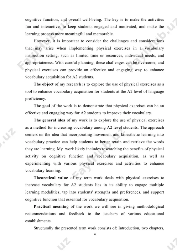 so contribute to improved vocabulary acquisition. physical exercises can be used to enhance vocabulary acquisition by incorporating movement to aid in the encoding and retrieval of new words. one way physical exercises can enhance vocabulary acquisition is through the use of gestures or sign language to represent new words. research has shown that the use of gestures can facilitate vocabulary learning, as the movement associated with the gesture can serve as an additional cue for encoding and retrieving the new word. another way physical exercises can enhance vocabulary acquisition is through the use of physical actions to represent words. for example, students can act out a word, such as jumping for the word "jump," or miming the action of the word "write." this can help students to encode the new word in a more meaningful and memorable way. physical exercises can also be used to enhance vocabulary acquisition through the …