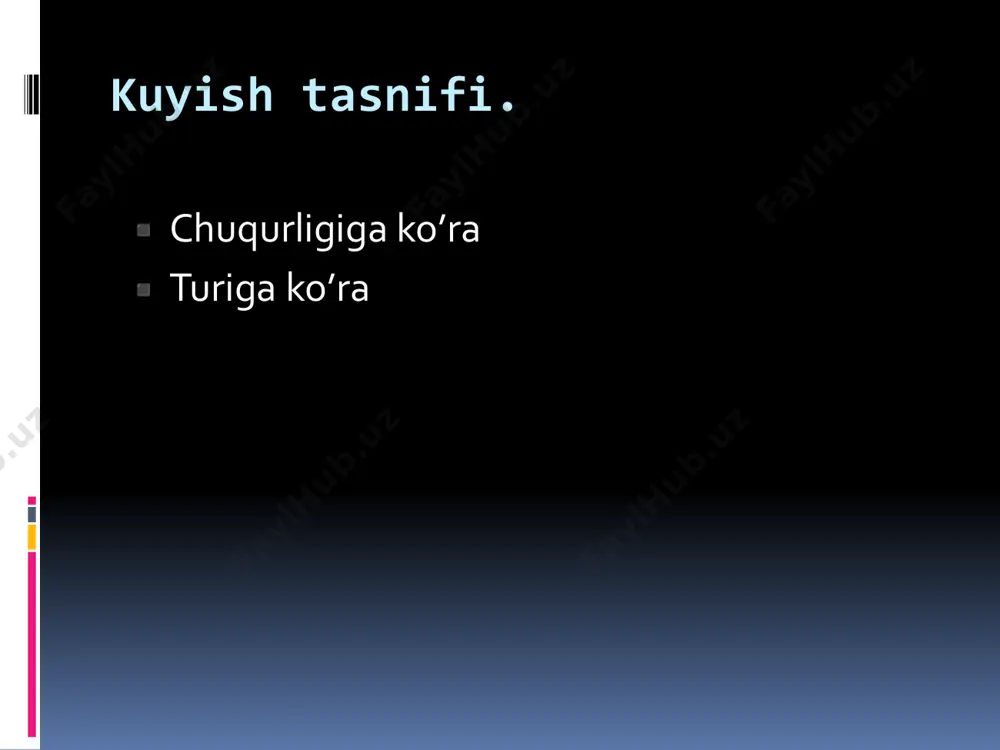 urlanishning asosiy organlar va to'qimalarga zararli ta'siri tufayli ularni davolash qiyin. qon tomirlarining mo'rtligining kuchayishi, qon ketishi, qayta tiklanish qobiliyatining pasayishi. kombinatsiyalangan turli xil etiologiyalarning bir nechta omillari bilan mag'lub bo'lish - masalan, bug 'va kislota. birlashtirilgan. kuyish va boshqa turdagi jarohatlarning kombinatsiyasi, masalan, sinish. kuyish maydonini aniqlash to’qqizlik qoidasi tananing turli qismlarining sirtlari tananing umumiy yuzasining taxminan 9% ni (yoki bu raqamning ko'p qismini) tashkil qiladi: bosh va bo'yin - 9% yuqori oyoq-qo'llar - har biri 9% pastki oyoq-qo'llar - har biri 18% oldinda torso - 18% orqa tanasi - 18% perine maydoni - 1% bolalarda bu nisbatlar biroz farq qiladi - masalan, ularning boshi va bo'yni umumiy sirtning 21% dan ortig'ini tashkil qiladi. kaft qoidasi inson kafti teri yuzasining taxminan 1-1,2% ga to'g'ri keladi, bu esa uni o'lchov birligi sifatida ishlatishga imkon beradi. instrumental usullar maxsus gradusli plyonkali o'lchagichlar kuyish yuzasiga o'lchov panjarasi qo'llaniladigan shaffof sirt qo'yilganda qo'llaniladi. …