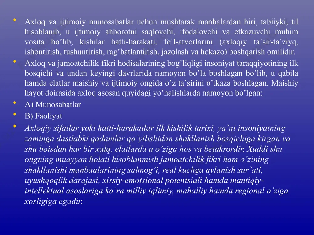 y usul va texnologiyalardan keng foydalanish hisoblanadi. mahalliy o’zini boshqarish organlari – xokimiyatlarda hududiy ijtimoiy xizmatlarni ko’rsatish, ijtimoiy ish, ijtimoiy pedagogika va amaliy psixologiya sohasida mutaxassislarni tayyorlash tizimining tashkil topishi va rivojlantirilishi barobarida aholiga ijtimoiy xizmat ko’rsatish imkoniyati ortib boraverdi. zamonaviy o’zbekiston sharoitida aholiga ijtimoiy xizmat ko’rsatish tizimi alohida shaxslar, oila yoki guruhlarning moslashuvi, ijtimoiy reabilitatsiyasiga yo’naltirilgan ijtimoiy-gumanistik faoliyatning ma’lum bir uslubi tizimi sifatida namoyon bo’ladi. o’tish davrining murakkab ijtimoiy-iqtisodiy sharoitlarida o’zbekiston o’z muhtoj fuqarolarining zarur yordam va ko’magini olishi uchun xizmat qiladigan yangi ijtimoiy muassalar tizimini yaratish imkoniyatiga ega bo’ldi. qariyalar, bolalar, nogironlar haqida qayg`urish mehnat va aholini ijtimoiy muhofaza qilish vazirligi, jamoatchilik tarzida o’zini boshqarish organlari (mahalla), iiv tomonidan amalga oshiriladi. bunday muassasalar tarkibiga turli toifadagi fuqarolarga ijtimoiy xizmat ko’rsatish markazlari, aholiga psixologik-pedagogik yordam ko’rsatish markazlari, voyaga yetmaganlar uchun ijtimoiy-reabilitatsiya markazlari, oila, ayollar va bolalarga ijtimoiy yordam ko’rsatish bo’yicha hududiy markazlar va hokazolar kiradi. o`zbekistonda ijtimoiy ishni rivojlantirishning …