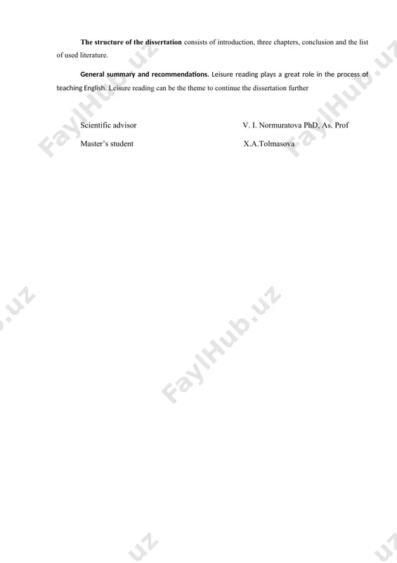 1 learners 2.1 analysis of the cefr, programs, textbooks for the leisure reading content 2.2 principles of selecting b1 leisure reading texts 2.3 the system of exercises for teaching leisure reading outcomes of the chapter two………………………………………… chapter iii. experimental checking of the model of teaching leisure reading skills of b1 learners 3.1 pre-while-post experimental stages 3.2 analyses of experimental results outcomes of the chapter three……………………………………... conclusion…………………………………………….………….…….…... list of used literature………………………………………………... appendixes....……………………………………………………………….. introduction in an area of globalization where english enjoys the status of an international, global, and world language, learnt and spoken by millions around the world, across linguistic and cultural boundaries, there is, inevitably, a critical need for new perspectives, principles, and practices in the teaching of english to multilingual and multicultural societies. in recent years, improving the quality and effectiveness of the education system in the country, forming modern knowledge and skills in kindergarten students, pupils and students, …