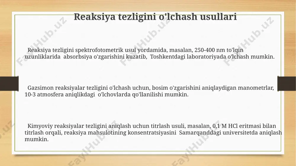 ta'siri va kinetik parametrlar katalizatorlar reaksiya tezligini 10³-10⁶ marta oshirishi mumkin, bu esa arrhenius tenglamasi orqali aniqlanadigan aktivatsiya energiyasini pasaytiradi va shu bilan reaksiya kinetik parametrlarini o'zgartiradi. reaksiya darajasi toshkentdagi tajribalar natijalariga ko'ra aniqlangan. kimyoviy reaksiyalarning kinetik parametrlari (reaksiya tartibi, tezlik konstantasini) katalizatorlar qo'shilishi bilan 2-3 barobar tezlashadi, aktivatsiya energiyasi esa 20-50 kj/mol ga kamayadi. palladiy katalizatorlari organik reaksiyalarda ishlatilganda, reaksiya tezligi 50°c da 10 barobar oshishi kuzatilgan, bu esa reaksiyaning kinetik parametrlarini va aktivatsiya energiyasini sezilarli darajada o'zgartiradi. aktivlashtirish energiyasini aniqlash differentsial skaner kalorimetriyasi (dsc) yordamida, masalan, toshkentdagi laboratoriyada, reaksiya sodir bo'layotgan paytda chiqadigan yoki yutiladigan issiqlik miqdorini o'lchash orqali aktivlashtirish energiyasi aniqlanishi mumkin. bu usul 10-30 kj/mol oralig'idagi energiyalarni aniqlashga imkon beradi. aktivlashtirish energiyasi arrhenius tenglamasi (k = a exp(-ea/rt)) yordamida aniqlanadi, bu yerda r = 8.314 j/molk gaz doimiysi, t esa mutlaq temperatura (kelvin) hisoblanadi. eksperimental ma'lumotlarni tahlil qilish orqali 298 k da ea qiymati topiladi. arrhenius …