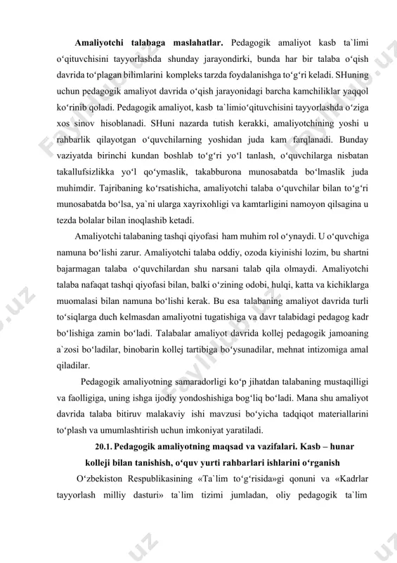orlashda shunday jarayondirki, bunda har bir talaba oʻqish davrida toʻplagan bilimlarini kompleks tarzda foydalanishga toʻgʻri keladi. shuning uchun pedagogik amaliyot davrida oʻqish jarayonidagi barcha kamchiliklar yaqqol koʻrinib qoladi. pedagogik amaliyot, kasb ta`limioʻqituvchisini tayyorlashda oʻziga xos sinov hisoblanadi. shuni nazarda tutish kerakki, amaliyotchining yoshi u rahbarlik qilayotgan oʻquvchilarning yoshidan juda kam farqlanadi. bunday vaziyatda birinchi kundan boshlab toʻgʻri yoʻl tanlash, oʻquvchilarga nisbatan takallufsizlikka yoʻl qoʻymaslik, takabburona munosabatda boʻlmaslik juda muhimdir. tajribaning koʻrsatishicha, amaliyotchi talaba oʻquvchilar bilan toʻgʻri munosabatda boʻlsa, ya`ni ularga xayrixohligi va kamtarligini namoyon qilsagina u tezda bolalar bilan inoqlashib ketadi. amaliyotchi talabaning tashqi qiyofasi ham muhim rol oʻynaydi. u oʻquvchiga namuna boʻlishi zarur. amaliyotchi talaba oddiy, ozoda kiyinishi lozim, bu shartni bajarmagan talaba oʻquvchilardan shu narsani talab qila olmaydi. amaliyotchi talaba nafaqat tashqi qiyofasi bilan, balki oʻzining odobi, hulqi, katta va kichiklarga muomalasi bilan namuna boʻlishi kerak. bu esa talabaning amaliyot davrida turli toʻsiqlarga duch kelmasdan amaliyotni tugatishiga va …