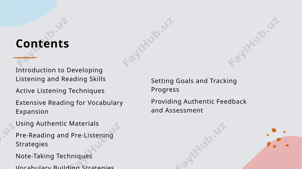 ning strategies help learners activate their background knowledge and set goals for comprehension. techniques like skimming, scanning, and predicting content can enhance reading and listening skills. for instance, previewing headings and subheadings before reading an article can help readers anticipate the main ideas. photo by ricardo gomez angel on unsplash note-taking techniques effective note-taking techniques aid in capturing important information while listening or reading. methods like using abbreviations, symbols, and organizing information in a structured manner can improve retention and understanding. for example, using bullet points or mind maps can help learners summarize and review key points. photo by billy brodzinski on unsplash vocabulary building strategies building vocabulary is essential for both listening and reading. strategies such as using context clues, creating word lists, and practicing with flashcards can enhance word recognition and comprehension. learners can also utilize online resources and apps to reinforce vocabulary acquisition. photo by madalyn cox …