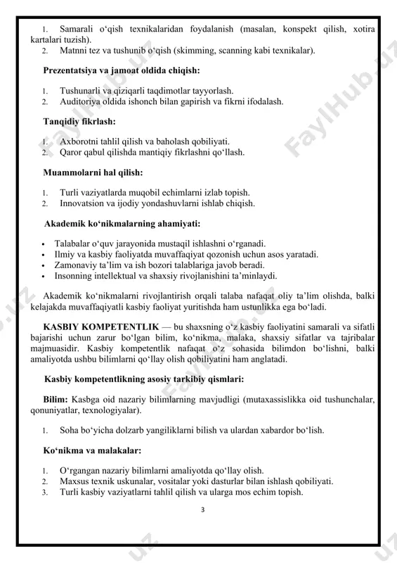 ojlanishini ta’minlaydi. akademik ko‘nikmalarni rivojlantirish orqali talaba nafaqat oliy ta’lim olishda, balki kelajakda muvaffaqiyatli kasbiy faoliyat yuritishda ham ustunlikka ega bo‘ladi. kasbiy kompetentlik — bu shaxsning o‘z kasbiy faoliyatini samarali va sifatli bajarishi uchun zarur bo‘lgan bilim, ko‘nikma, malaka, shaxsiy sifatlar va tajribalar majmuasidir. kasbiy kompetentlik nafaqat o‘z sohasida bilimdon bo‘lishni, balki amaliyotda ushbu bilimlarni qo‘llay olish qobiliyatini ham anglatadi. kasbiy kompetentlikning asosiy tarkibiy qismlari: bilim: kasbga oid nazariy bilimlarning mavjudligi (mutaxassislikka oid tushunchalar, qonuniyatlar, texnologiyalar). 1. soha bo‘yicha dolzarb yangiliklarni bilish va ulardan xabardor bo‘lish. ko‘nikma va malakalar: 1. o‘rgangan nazariy bilimlarni amaliyotda qo‘llay olish. 1. maxsus texnik uskunalar, vositalar yoki dasturlar bilan ishlash qobiliyati. 1. turli kasbiy vaziyatlarni tahlil qilish va ularga mos echim topish. shaxsiy sifatlar: 1. mas’uliyatlilik, muloqot qobiliyati, ijodkorlik, tashabbuskorlik. 1. stressga chidamlilik va muammoli vaziyatlarda tezkorlik bilan harakat qilish. 1. jamoada ishlash va liderlik qilish qobiliyati. kasbiy etikaga rioya qilish: 1. kasbiy standartlar, axloqiy …