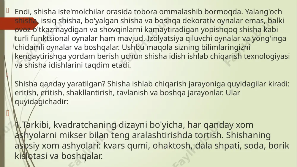 ha, viskoz suyuqlikdan plastik holatgacha va keyin qattiq qattiq holga o'zgaradi. formalash usullarini ikki toifaga bo'lish mumkin: qo'lda shakllantirish va mexanik shakllantirish. a. sun'iy shakllantirish. nikel-xromli qotishma naychali shamollatuvchi (1) shamol esib, shamol esib qolib, qolib ketadigan stakanni topadi. odatda shisha pufakchalarni, shisha idishlar, shishalarni (ko'zoynaklarni chizish uchun) va boshqalarni (2) chizish, kichik pufakchalarga urilgandan so'ng, boshqa bir ishchi unga yuqori disk bilan yopishadi va ikkalasi asosan shisha naychalar yoki shamollash va tortish orqali (3) bosib, bir shisha qopqog'ini olib, qaychi bilan kesib oling va uni qoldiqqa tashlang va zımba bilan bosing. choyshab, plastmassa va boshqalarni tayyorlash uchun asosan ishlatiladi. (4) erkin shakllantirish, pensler, qaychi, pinjak va boshqa san'at va qo'l san'atlariga bevosita tayyorlangan boshqa asboblardan foydalanish. b. mexanik shakllanish yuqori mehnat zichligi, yuqori harorat va yomon sharoitlar tufayli qo'lda shakllanish mexanik mexanik shakllantirish bilan almashtirildi. ko'rgazma, shamollatish va chizish bilan bir qatorda, mexanik shakllantirish (1) qalinlashtiruvchi, qalin tekis shisha, …