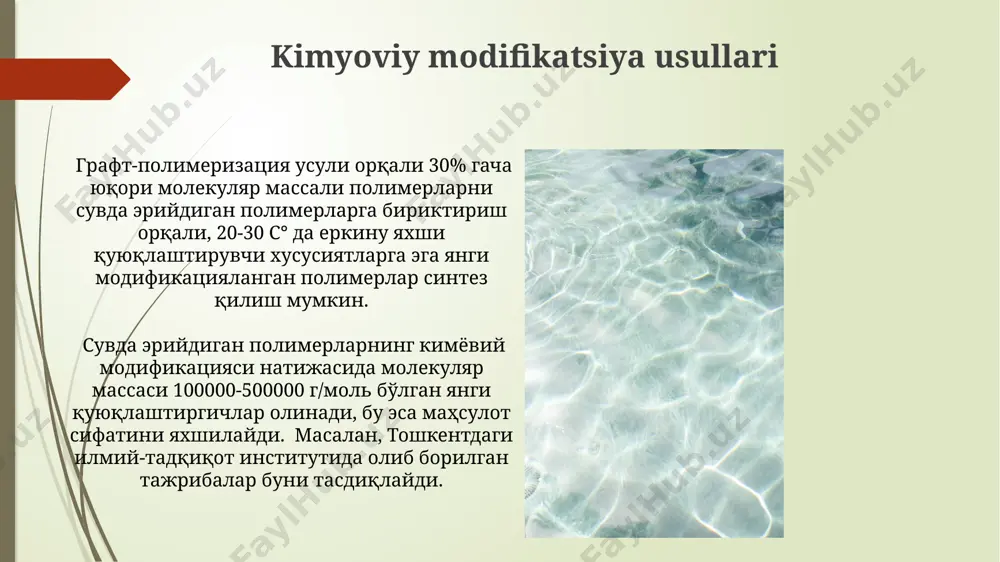 imkonini beradi. toshkent shahridagi ilmiy-tadqiqot institutlarida o‘tkazilgan tadqiqotlar shuni ko‘rsatdiki, yangi texnologiyalar yordamida chiqindi suvning 95% gacha qayta ishlanishi mumkin, bu esa suv resurslarini tejashga hissa qo‘shadi. iqtisodiy samaradorlik va kelajak istiqbollari хитой ва жанубий корея каби давлатлардаги тажриба кўрсатишича, сувда эрийдиган полимерларга асосланган қуюлтиргичлар бозори 2030 йилгача йилига 8% ўсиш суръатига эришади. сувда эрийдиган полимерларга асосланган қуюлтиргичлар ишлаб чиқаришдаги технологияларни жорий этиш ўзбекистонда 2025 йилгача 15% гача ишлаб чиқариш харажатларини камайтириши мумкин. tadqiqotlar va rivojlantirish yo'nalishlari hindistonning mumbay shahridagi tadqiqotchilar guruhi 3 yillik tadqiqotlar natijasida suvda eruvchi polimerlarning yangi sinfini – molekulyar massasi 100000 dan yuqori bo'lgan polimerlarni aniqladilar, bu esa yuqori samarali qalinlashtiruvchi moddalar yaratish imkonini beradi. o'zbekistonning toshkent shahridagi ilmiy-tadqiqot institutlarida suvda eruvchi polimerlar asosida yangi avlod qalinlashtiruvchi moddalarni yaratish bo'yicha 5 dan ortiq loyiha amalga oshirilmoqda, ularning 2 tasi sanoat miqyosida qo'llanilishi mumkin. eritmalarni qalinlashtirish mexanizmlari poliakrilamid kabi ionli polimerlarning eritma qalinlashtirish mexanizmi, ularning zaryadlangan guruhlari …