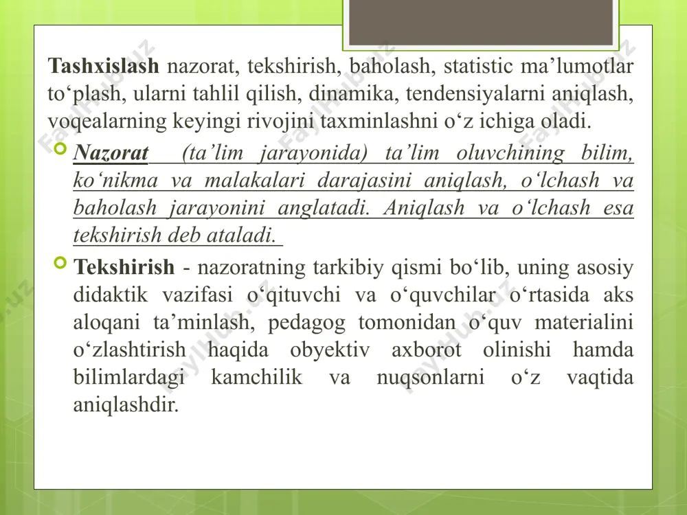 i, irodasi, tuyg‘ulari va xulqiga ta’sir etish usullari yig‘indisidir. tarbiya usullari - umumiy metodning bir qismi, alohida harakati tarbiya vositalari - bu usul ham emas, metod ham emas, usullar yig‘indisi. tarbiya metodlari tasnifi. shaxs ongini shakllantirish (ishontirish) metodlariga quyidagilar kiradi: hikoya, tushuntirish, izohlash, ma'ruza, etik suhbat, nasihat, o‘git, ko‘rsatma, munozara, namuna. faoliyatni tashkil etish va xulq-atvor me’yorlarini shakllantirish (mashq) metodlari: mashq, pedagogik talab, ijtimoiy fikr, topshiriq, tarbiyalovchi vaziyat. faoliyatni rag‘batlash va motivatsiyalash metodlari: rag‘batlantirish, tanbeh berish, uyaltirish. rag‘batlantirish tarbiyalanuvchining xatti-harakati va faoliyatiga ijobiy baho berish asosida unga ishonch bildirish, ko‘ngilini ko‘tarish va uni qo‘llab-quvvatlash usulidir. o‘qituvchi har bir o‘quvchi shaxsida ro‘y berayotgan ijobiy o‘zgarishlarni anglash olishi zarur. e’tiboringiz uchun rahmat! /docprops/thumbnail.jpeg