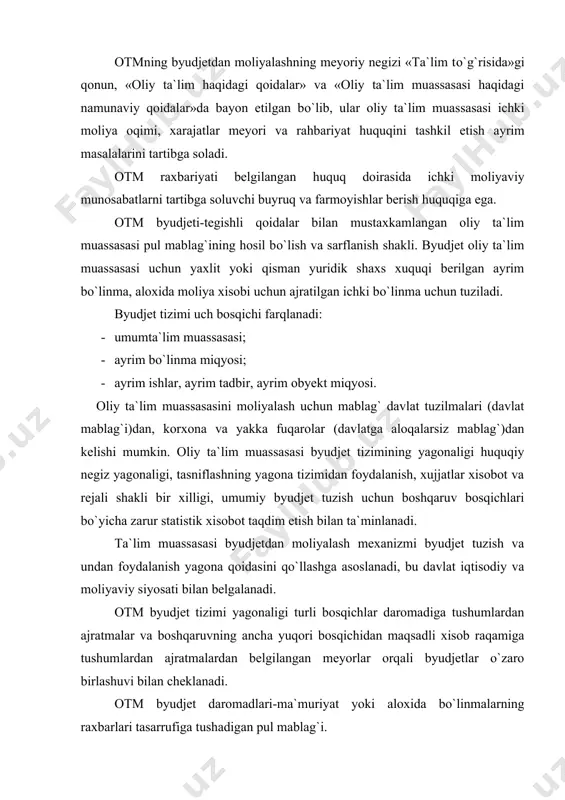 keyingi davrga karz sifatida о`tkaziladi. daromadning xarajatdan oshib ketishi oliy ta`lim muassasa foydasini tashkil etadi. oliy ta`lim muassasasining foydasi olib qо`yilishi mumkin emas. davlat buyurtmasi bо`yicha ajratilgan mablag` xarajatlar ayrim moddalari bо`yicha cheklanadi. mablag`ni resurs turlari о`rtasida qayta taqsimlashga yо`l qо`yilmaydi. bu stipendiya fondiga, mexnatga xaq tо`lashga, oliy ta`lim muassasasini rivojlantirish uchun qо`yiladigan kapital mablag` va joriy xarajatlarga ajratilgan mablag`ga tegishli. korxona va tashkilot oliy ta`lim muassasasiga jixoz va materiallarni, transport va texnika vositalarini, moliyaviy resurslarni tekinga berishi mumkin. oliy ta`lim muassasasi bu vositalarni mustaqil suratda tasarruf etishi mumkin. otm oqilona boshqaruv shartlari bilan yer maydoni, binolar, jixozlar va boshqa barcha tur moddiy resurslar (davlat byudjetidan unga ajratilgan), shuningdek korxona va fuqarolardan olingan yoki boshqa manbalar xisobiga xarid qilinganlardan foydalanadi hamda tasarruf etadi. oliy ta`lim muassasasi olgan mablag`lari xisobidan о`ziga zarur bо`lgan jixozlar va boshqa moddiy resurslarni istalgan korxona yoki xususiy shaxsdan xarid qilishi, ijaraga olishi, buyurtma qilishi, naqd pulsiz …