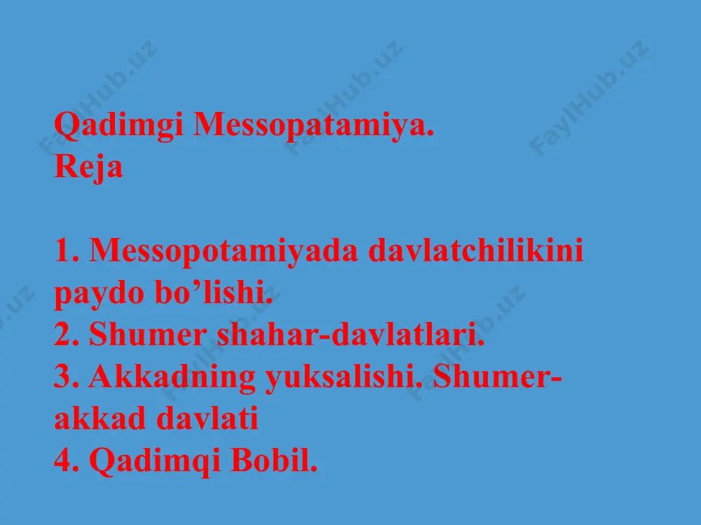 a podsho hokimiyati kuchayadi. hukmdorlar uchun hashamatli sog`onalar qurila boshlaydi. vaqt o`tishi bilan ziddiyatlar kuchayishi natijasida ur zaiflashib, qo`shni lagash shahri kuchayib ketadi. lagash deyarli barcha shumer shaharlarini bo`ysundirib, elam ustidan g`alaba qozonadi. mill. avv. xxiv asrda lagashda ensi hokimiyati kuchayadi va u lagash bosh xudosi ningirsu ibodatxonasining bosh kohini bo`ladi. uning hokimiyati urug`chilik munosabatlarining yemirilishi, savdo - hunarmandchilikning rivojlanishi natijasida shahar aholisining turli tabaqalari tomonidan qo`llab-quvvatlanadi. ibodatxona xo`jaliklariga ham soliq solinadi. hunarmand va jamoachilardan turli majburiyatlarni o`tash talab qilinadi. daromad solig`i ko`payadi. lagashda ijtimoiy ziddiyat kuchayadi. yangi «ensi» urukagina ijtimoiy ziddiyatlarni bo`shashtirish uchun islohot o`tkazadi. oliy kohinla r soliqlardan ozod qilinadi. ibodatxonalarning qaram kishilarga natural mahsulot to`lovi miqdori oshirilib, ularning huquqlari kafolatlanadi. aholidan olinadigan soliq -to`lovlar bir qadar kamaytiriladi. urukagina «lugal» unvonini qabul qiladi. ammo ich ki ziddiyatlar lagashni zaiflashtiradi. lagashning ichki qiyinchiliklaridan foydalangan umma shahri podshosi lugalzagissi er. avv. xxiv asr oxirida lagashni bosib olib, butun shumerda chorak …