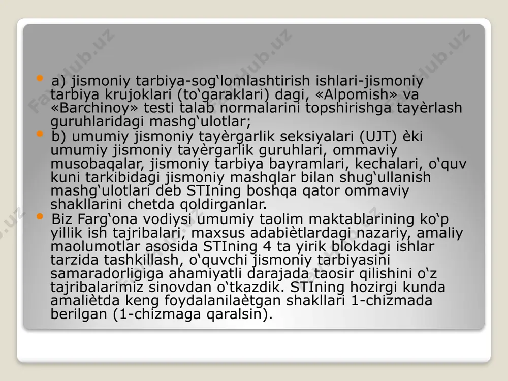 oniyati yuzaga keladi. jamoani tashkillash, uni ishini yuritishga maktabning direktori boshliq pedagogik jamoa, jismoniy tarbiya o‘qituvchilari amalga oshiradi. mjt jamoasining kengashi ishiga rahbarlik fan o‘qituvchilari nazorati ostida bo‘ladi. maktabda doimiy harakatdagi maktab jismoniy tarbiya jamoasini tuzish quyidagicha amalga oshiriladi. meditsina gruppalariga taalluqligiga qaramay, sog‘lig‘i holatini darajasini bilgan holda jamoaga iv-ix sinf o‘quvchilaridan og‘zaki ariza qabul qilinadi va jismoniy madaniyat jamoasining boshlang‘ich jismoniy tarbiya tashkilotlari tuziladi. sinflar mjtj sining boshlang‘ich tashkiloti hisoblanadi. jamoa aozolari o‘qishini maktabdagi jismoniy tarbiya mashg‘ulotlari, sinf sporti hamda «alpomish» va «barchinoy» testini topshirish, sport razryadi normativlarini bajarish bilan muntazam bog‘lab olib borishi lozim. jismoniy tarbiya va sport tadbirlarida aktiv qatnashish asosiy shart sifatida belgilanadi. jismoniy mashqlarni bajarish mashg‘ulotlarida qatnashishi taqiqlangan o‘quvchilar jamoani tashkiliy va jamoat ishlarida (musobaqalarda hakamlik qiladilar, hujjatlarni yuritadilar, jismoniy tarbiya burchaklarini jihozlaydilar, sport gazetalarini chiqarish va boshqalarda) ishtirok etadilar. jismoniy tarbiya jamoasiga 25-nafardan ortiq o‘quvchi jismoniy tarbiya jamoasini tuzish xaqida maktab direktoriga og‘zaki murojaat …