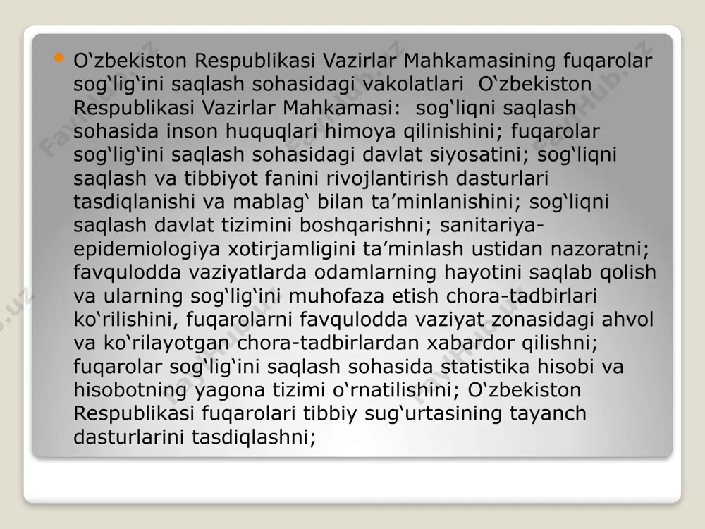 alarini ko‘radi. davlat jismoniy tarbiya va sportni rivojlantirish, aholi o‘rtasida sog‘lom turmush tarzini shakllantirish uchun shart-sharoitlar yaratadi. bugungi kunda tibbiy xizmatlarning sifat darajasi oshib, yangi zamonaviy yoʻnalishlar, davolash va diagnostika usullari, noyob ilmiy-amaliy tajribalar shakllanmoqda. buni birgina misol, yaʼni qisqa davrda buyrak, jigar va oʻzak hujayralarda 700 dan ortiq murakkab operatsiyalar muvaffaqiyatli amalga oshirilganida ham koʻrish mumkin. bundan tashqari, jamiyatda yashovchi har bir shaxsning malakali tibbiy xizmatdan foydalanishi uning vatanga boʻlgan ertangi ishonchini yanada oshiradi. shunga koʻra, konstitutsiyamizda mamlakatda inson huquqlari va qonuniy manfaatlarini taʼminlash, qadr-qimmatini ulugʻlashda sogʻliqni saqlash tizimi ustuvor ahamiyat kasb etishi qayd etilgan. e’tiboringiz uchun rahmat! /docprops/thumbnail.jpeg