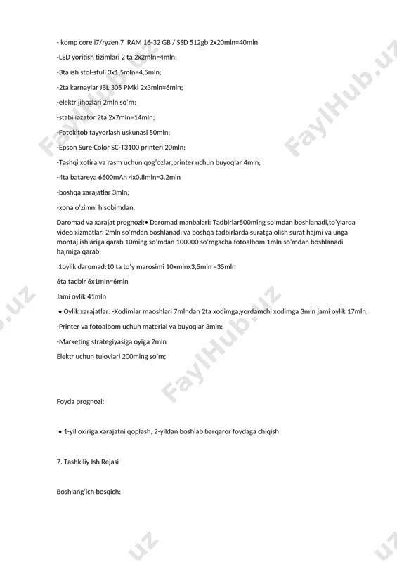 00ming so’m; foyda prognozi: • 1-yil oxiriga xarajatni qoplash, 2-yildan boshlab barqaror foydaga chiqish. 7. tashkiliy ish rejasi boshlang‘ich bosqich: • biznesni rasmiylashtirish, ofis va jihozlarni tayyorlash, xodimlarni yollash va o‘qitish. mijozlar bilan ishlash: • mijozlarni jalb qilish va buyurtmalarni amalga oshirish, loyihalarning sifatli bajarilishi. kelajak rejalari: • xizmatlarni kengaytirish, yangi texnologiyalar bilan ta’minlash, doimiy mijozlar bazasini kengaytirish va barqaror o‘sishni ta’minlash. jami investitsiya tashkil qilishda 150.7mln daromad oylik kesimda to’y. boshqa tadbirlar. yanvar 6. 4. 25mln fevral 5. 6. 23.5mln mart 0 6. 6mln aprel 7. 8. 32.5mln may 10. 10. 45mln iyun 12. 14. 56mln iyul 11. 8. 46.5mln avgust 14. 6. 55mln sentabr 18. 7. 70mln oktabr 12. 8. 50mln noyabr 10. 7. 42mln dekabr 8. 8. 36mln jami yilliga. 487.5mln oylik xarajat 20.2mln+5.9mln=26.1mln 487.5mln-12*26.7mln=174mln yiliga 174mln foyda image1.png