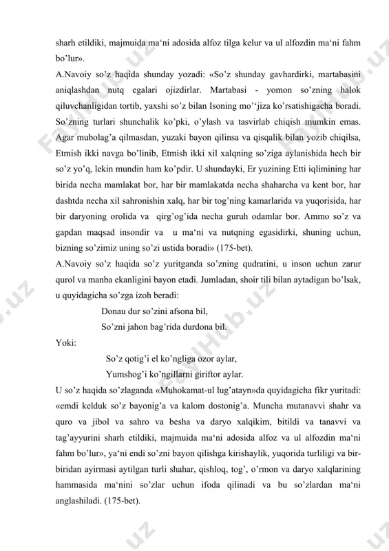 a a.navoiyning so’z va til haqidagi fikrlarini keltiramiz: «so’zki ma‘nosida ishq o’ti nishoni bo’lmag’ay, bir taharruksiz badan onglaki, joni bo’lmag’ay». «tilga ixtiyorsiz, elga e‘tiborsiz». «tilga iqtidorlig’- hakimi hiradmand, so’zga ixtiyorsiz laimi najand». «so’zning asnofi bag’oyat cho’qtur». «chin so’z mo’‘tabar, yaxshi so’z muxtasar». «ul kim dimog’ida xabt-so’zida yo’q rabt». ... «befoyda so’zni ko’p aytma, foydali so’zni eshiturdan qaytma». «tilingni ixtiyoringda asrag’il, so’zungni ehtiyot bila degil». «so’zni ko’nglungda pishqormaguncha tilga kelturma, harnakim, ko’nglungda bo’lsa tilga surma» va b. 3. alisher navoiy tillarning kelib chiqishi to’g’risida. a.navoiy tillarning kelib chiqishi xususida fikr yuritarkan, quyidagicha yozadi: .«..uch nav til borki, bular hamma tillarning aslidir. bu tillarning shoxobchalari benihoyat ko’pdir. bu tillarning o’z so’zlashuvchilari bordir. ammo turki, forsiy va hind tillari asl tillarning chiqish o’rnidirki, nuh payg’ambarning uch o’g’li: yofas,som va homga borib taqaladi. bu qisqa so’zning tafsili shuki, nuh to’fon fitnasidin xalos topganda va uning halokatidan qutulganda, dunyo yuzida bashar jinsidan asar va inson …