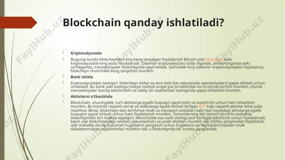 blash uchun 10 daqiqa vaqt ketishi mumkin. ushbu mexanizm qattiqlashishni juda qiyinlashtiradi, chunki agar bitta blok yana temperaturali bo'lsa, biz barcha bloklarning ishini tasdiqlashimiz kerak. blockchain ham peer-to-peer xususiyati tufayli juda xavfsizdir, agar kimdir tarmoqqa qo'shilsa, u blokcheyn haqida to'liq ma'lumot oladi va hamma narsa tartibda ekanligini tekshirishi mumkin. keling, kimdir yangi blok yaratganda nima bo'lishini ko'rib chiqaylik. kimdir yangi blok yaratsa, u blok zanjiridagi hamma uchun yuboriladi. ular tasdiqlangan va buzilgan yoki yo'qligini tekshirib ko'rishadi va keyin ushbu blokni zanjirga qo'shadilar. tarmoqdagi tugunlar konsensusni yaratadi va ular qaysi bloklarning haqiqiy emasligi to'g'risida kelishib oladilar va buzilmagan bloklar rad qilinadi va blokcheynga faqat haqiqiy bloklar qo'shiladi. blockchain-ga kirish uchun har bir blok to'g'ri buzilgan bo'lishi kerak va tengdoshlarning 50% blokni o'zlarining blockchain-lariga qo'shishga rozi bo'lishlari kerak. image1.png image2.png image3.png image4.png image5.jpeg /docprops/thumbnail.jpeg