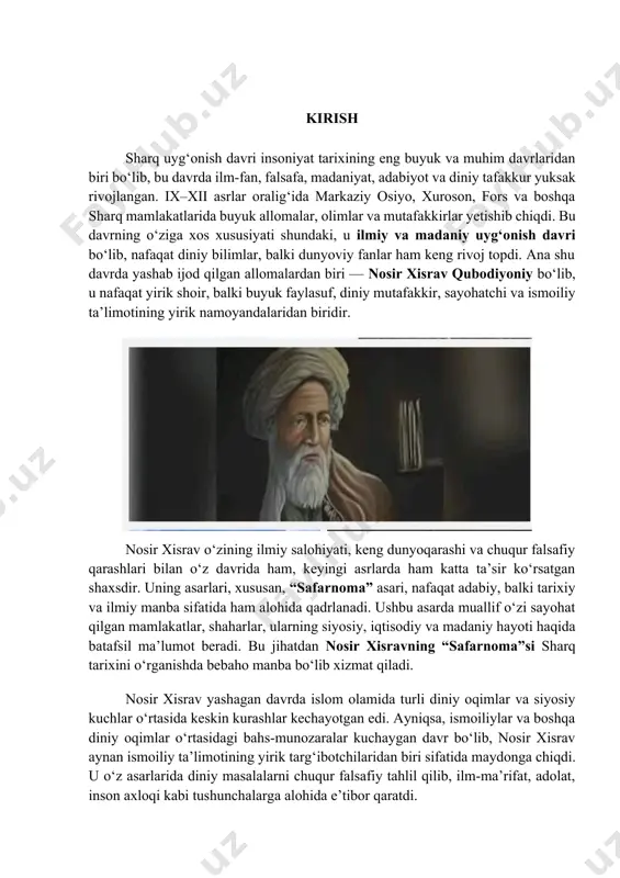 imotining yirik targ‘ibotchilaridan biri sifatida maydonga chiqdi. u o‘z asarlarida diniy masalalarni chuqur falsafiy tahlil qilib, ilm-ma’rifat, adolat, inson axloqi kabi tushunchalarga alohida e’tibor qaratdi. bugungi kunda nosir xisravning ilmiy va falsafiy merosi nafaqat tarixchilar, balki faylasuflar, adabiyotshunoslar, siyosatshunoslar va boshqa ko‘plab soha mutaxassislari uchun ham muhim ahamiyatga ega. uning g‘oyalari o‘z davridan o‘tib ketgan universal qadriyatlar bo‘lib, hozirgi kunda ham dolzarbligini yo‘qotmagan. ayniqsa, ilmga intilish, adolatni qaror toptirish va jamiyatni ma’rifat orqali yuksaltirish haqidagi qarashlari hozirgi zamon uchun ham muhim tarbiyaviy ahamiyatga ega. shuningdek, nosir xisravning ilmiy va adabiy merosi sharq falsafiy tafakkurining rivojlanishida muhim o‘rin tutadi. u o‘z asarlari orqali ilmning yuksakligini, insonning komillikka erishish yo‘llarini, adolat va halollikning jamiyatdagi asosiy mezon ekanligini targ‘ib qilgan. uning hayoti ham bir nechta davrlarni qamrab oladi: yoshlik yillari, ilmiy izlanishlar davri, katta sayohati va qiyinchiliklarga to‘la oxirgi yillari. aynan shu bosqichlar nosir xisrav shaxsiyatini chuqur anglashda muhim manba bo‘lib xizmat qiladi. …