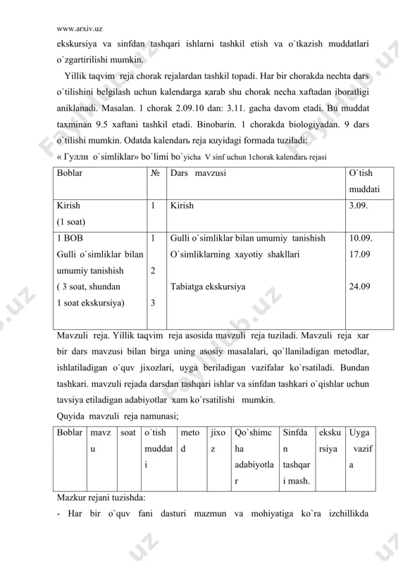 zviy bog`liq bo`lgan o`quv materiallarini birlashtirishi; - har bir bob mantiqiy jihatdan uzviy bog`langan darslar tizimidan iborat ekanligi; -har bir mavzu mazmuniga ko`ra, o`quvchilarda muayyan biologik tushunchalarni shakllantirish va ko`nikmalarni tarkib toptirishga zamin tayyorlashini nazarda tutishi lozim. ma`lumki, biologiyani o`qitishda mavzu matnida ustunlik qiluvchi tushunchalarga ko`ra, morfologik, anatomik, fiziologik, sistematik, gigiyenik, ekologik, embriologik, sitologik va h.k. mazmundagi darslarga ajratiladi. darslarning bunday guruhlarga ajratilishi o`quvchilarda tushunchalarni shakllantirish va ko`nikmalarni tarkib toptirish jarayonini uyg`unlashtirish va ularni uzviy ravishda rivojlantirish imkonini beradi. o`quv yili boshlanishida butun kursga aloxida kirish darslari o`tkaziladi. bu darslarda biologiya fanining tegishli bo`limlari (predmeti, vazifalari va axamiyati) to`g`risida, o`rganiladigan kursning mazmuni va uni o`qitish metodlari to`g`risida tasavvur beriladi. ajratilgan soatlar soni jixatidan katta mavzularda: 1) ki​rish darslari, 2) mavzu mazmunini ochib beruvchi darslar, 3) xotima yoki umumlashtiruvchi darslar fark kilinadi. uncha katta bo`lmagan mavzularda birinchi darsning boshlanishida kirish, oxirgi darsniig yakunida umumlashtirish darsi o`tkaziladi. dars mazmuni tarkibidagi tushuncha va …
