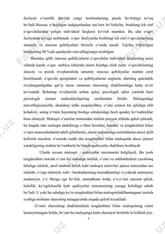 atish ham psixologik xizmat mahsuldorligining omillaridan biridir. muloqotdagi muvaffaqiyatsizlik, shundaay ichki noqulaylikka, o‘zini yomon his qilishga olib keladi-ki, uning o‘rnini hayotning boshqa sohalaridagi hech qanday ko‘rsatkichlar bosa olmaydi. muloqot o‘smirlar tomonidan muhim jarayon sifatida qabul qilinadi; bu haqida ular muloqot shakllariga e‘tibor berishni, kattalar va tengdoshlari bilan o‘zaro munosabatlarini tahlil qilishlarini, ularni tushunishga urinishlarini misol qilib keltirish mumkin. o‘smirda xuddi shu tengdoshlari bilan muloqotda shaxs ijtimoi yetukligining muhim ko‘rsatkichi bo‘lmish qadriyatlar shakllana boshlaydi. ularda asosan muloqot - qadriyatlar mazmunini belgilaydi. bu yosh tengdoshlari orasida o‘zini ko‘rsatishga intilish, o‘zini va suhbatdoshini yaxshiroq bilishga intilish, atrof muhitni bilish kabi muloqot motivlari jamoa tomonidan tan olinishi, o‘ziga ishonish, xatti - harakatlarining mustahkamligi va yuksak ummumiy madaniyat, o‘z fikriga ega bo‘lish, mustahkam iroda, o‘z-o‘zini nazorat qilish, halollik, ko‘ngilchanlik kabi qadriyatlar sistemasining yuzaga kelishiga sabab bo‘ladi. u yoki bu sababga ko‘ra tengdoshlari bilan muloqotshakllanmagano‘smirda yoshiga nisbatan shaxsning taraqqiyotida orqada qolish kuzatiladi. o‘smir shaxsining shakllanishida tengdoshlari …
