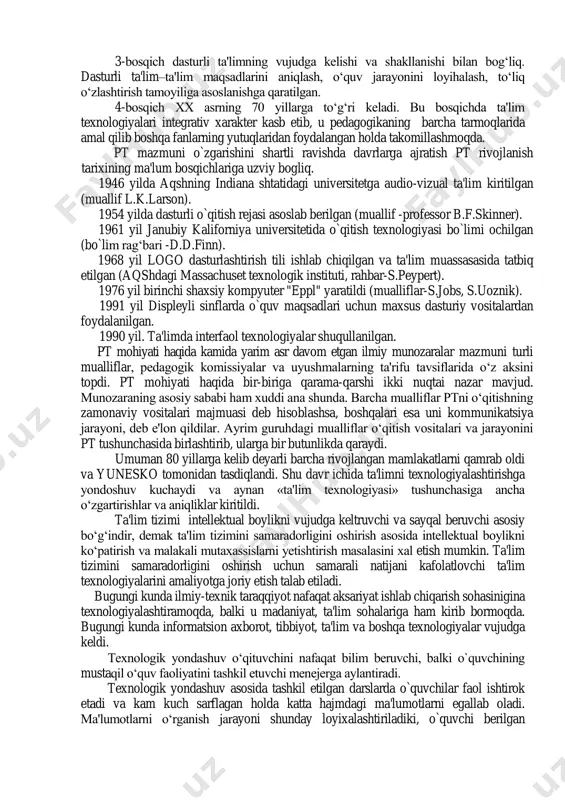 orligi. 4. texnologiyani o„quvchi shaxsiga moslashtirish. 5. rivojlantiruvchi axborot materialini kengligi. pedagogik texnologiyaning tadqiq qilish doirasi quyidagi qismlardan tashkil topgan: - konseptual asos; - ta'lim jarayoni; - maztuni va texnologik jarayon. har bir pedagogik texnologiya muayyan ilmiy konsepsiyaga asoslanadi. pedagogik texnologiyaning ilmiy konsepsiyasi ta'lim maqsadlariga erishishning falsafiy, psixologik, ijtimoiy-pedagogik va didaktik asoslarini qamrab oladi. ta'lim jarayoni mazmuni ta'lim jarayonining umumiy va aniq maqsadlari, o„quv materiali mazmunidan iborat bo„ladi. texnologik jarayon o„quv jarayonini tashkil etish, o„qituvchi faoliyati, talaba faoliyati, o„quv jarayonini boshqarish usullari, o„quv jarayoni diagnostikasini qamrab oladi. pedagogik texnologiya nazariyasining umumiy aoslari. pedagogik texnologiyaning tarkibiy unsurlari, xususiyatlari, prinsiplari. pedagogik texnologiya darajalari, asosiy yo„nalishlari. pedagogik texnologiyalarni tasniflash. pedagogik munosabatlarni insonparvarlashtirish va demokratlashtirish. pedagogik jarayonda do„stona muhitni yaratish omillari. ta'limni tashkil etishga nisbatan innovatsion yondoshuvlar mazmuni. ta'lim jarayonida o„quvchilarni faolligini oshrish orqali bilimlarni o„zlashtirish, ularni shaxsiy sifatlarini rivojlantirishda ilg„or pedagogik texnologiyaarning tutgan o„rni. yangi bilimlarni berish, ko„nikmalarni shakllantirish, rivojlantirish, mustahkamlash, bilimlarni takrorlash, …