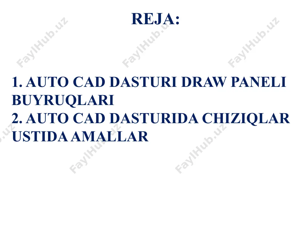 anlanadi. ellips arc – yoysimon ellips ellips arc buyrug’i tanlanadi 1. markaz ko’rsatiladi. 2. birinchi radius kiritiladi (30) enter. 3. ikkinchi radius kiritiladi (15) enter tugmasi bosiladi. 4. arc boshlanish va 5. tugash nuqtasi ko’rsatiladi insert block - bloklangan shakllarni chiqarish. insert block tanlanadi ochilgan oynadan bloklangan shakllardan biri belgilanib masshtabi va gradiusi kiritiladi enter tugmasi bosiladi make block - shakllarni bloklash. bloklanmoqchi bo’lgan shakllar tanlanadi make block tanlanadi blokni nomi yoziladi, parametrlari sozlanadi enter tugmasi bosiladi point - nuqta chizmani sohasini nuqtalar bilan ajratib belgilab quyishda ishlatiladi. (nuqtalarni belgili ko’rinishini o’zgartirish mumkin.) hatch - buyrug’i ko’rsatilgan sohani shtrix chiziqlar hosil qilish uchun ishlatiladi. hatch buyrug’i tanlanadi paydo bo’lgan oynadan select objects tanlanadi va obyekt belgilanadi enter, swatchdan shtrix turi tanlanadi va ok tugmasi bosiladi. hatch gradient - buyrug’i ko’rsatilgan sohani buyash uchun ishlatiladi. gradient buyrug’i tanlanadi paydo bo’lgan oynadan select objects tanlanadi va obyekt belgilanadi enter, colordan rang turi …