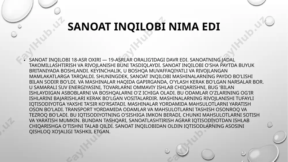 i ifodalovchi iqtisodiy va ijtimoiy-siyosiy oʻzgarishlar tizimi. bu tushuncha 19-asrning 2-yarmida arnold toynbi tomonidan kiritilgan. st.j ishlab chiqarish mashinalarining ixtiro qilinishi va qoʻllanilishi bilan boshlandi, mashinalarni mashina tomonidan i.ch., yaʼni mashina sanoati (ogʻir sanoat) paydo boʻlishi bilan yakunlandi. st. faqat texnikaviy emas, balki ijtimoiyiktisodiy burilishdir, chunki u kapitalistik munosabatlarning toʻla shakllanishiga olib keldi. manufaktura mashina industriyasining paydo boʻlishi uchun shartsharoit yaratib berdi. st. qator mamlakatlarda kapitalizmning sanoatdagi maʼlum rivojlanish bosqichini ifodalovchi umumtarixiy hodisa hisoblanadi, ammo manufakturadan yirik mashina industriyasiga oʻtish shartsharoitlarining yetilishi jahon mamlakatlarida nihoyatda notekis kechgan. sanoat inqilobining g’arbiy yevropaga ta’siri 18-asrning 60yillaridan dastlab buyuk britaniyada boshlandi. bu mamlakatda 17-asrda yuz bergan burjua inkilobi yangi jamiyat rivoji uchun keng yoʻl ochdi. angliyaning keng mustamlakachilik tizimi ham sanoat toʻntarishiga katta taʼsir koʻrsatdi, mustamlaka boyliklari sanoatga qoʻyildi. st. barcha mamlakatlarda yengil sanoatda boshlanib, ogʻir sanoatning shakllanishi bilan yakunlangan. angliyada ham dastlab yigiruv, keyinroq toʻquv mashinasi ixtiro kilindi va ipgazlama korxonalarida qoʻllanildi …