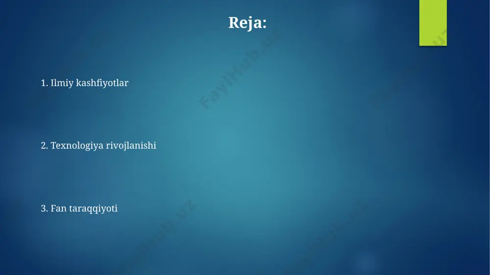 amida yaratilgan dori vositalari va diagnostika uskunalari sog'liqni saqlash tizimida aniqlik va samaradorlikni 30% ga oshirdi. axborot texnologiyalari va sun'iy intellekt sun'iy intellekt tizimlari, masalan, tasvirni aniqlashda 99% aniqlikka erishdi, bu esa tibbiyot diagnostikasi kabi sohalarda inqilobiy o'zgarishlarni keltirib chiqardi. kvant kompyuterlari kelajakda sun'iy intellektning rivojlanishida muhim rol o'ynaydi, ularning hisoblash quvvati klassik kompyuterlardan millionlab marta yuqori bo'lishi kutilmoqda. ilmiy usullar va kashfiyotlar dastlabki 100 yil ichida 20 dan ortiq olimlar atom tuzilishi bo‘yicha muhim kashfiyotlar qildilar, bu esa kvant mexanikasi rivojiga turtki bo‘ldi va fundamental fizika sohasida inqilob yaratdi. genomika va bioinformatika sohalarida 21-asr boshlarida yuz bergan tez sur’atdagi taraqqiyot 10 000 dan ortiq genlarni aniqlash va ularning funksiyalarini o‘rganish imkonini berdi. texnologiya taraqqiyoti va ilmiy kashfiyotlar texnologiya taraqqiyoti natijasida 20-asrda hisoblash quvvatining o'sishi 10 million martadan ortiq bo'lib, bu sun'iy intellekt va katta ma'lumotlar tahlili kabi yangi fan sohalarini rivojlanishiga sabab bo'ldi. genomika sohasidagi yutuqlar, jumladan, inson genomining …