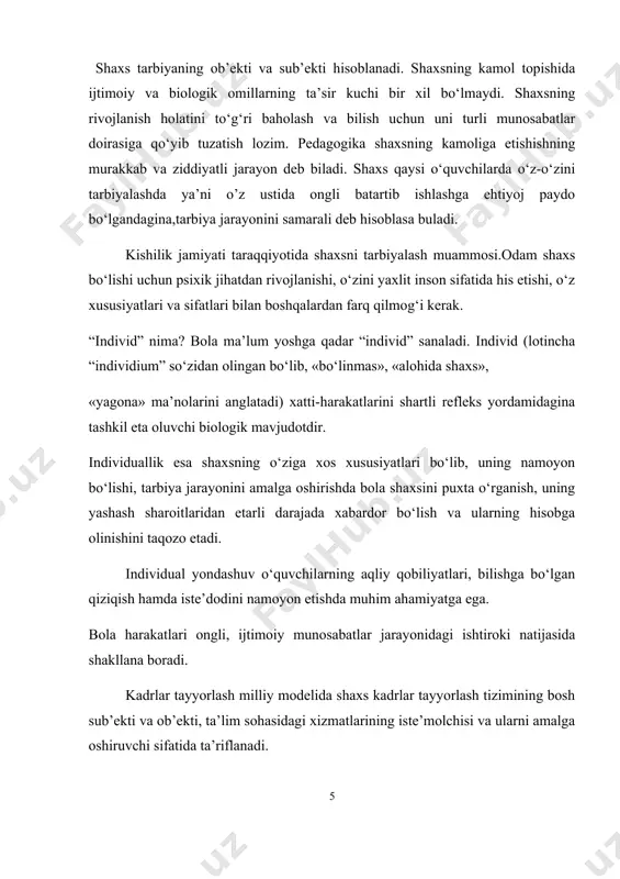 n kasb yo‘nalishi bo‘yicha mehnat qilish huquqini kafolatlaydi. odamning ijtimoiy mavjudot sifatida shaxsga aylanishi uchun ijtimoiy muhit sharoitlari va tarbiya kerak bo‘ladi. ana shular ta’sirida odam inson sifatida rivojlanib boradi va shaxsga aylanadi. rivojlanishning o‘zi nima? rivojlanish shaxsning fiziologik va intellektual o‘sishida namoyon bo‘ladigan miqdor va sifat o‘zgarishlar mohiyatini ifoda etuvchi murakkab jarayondir. rivojlanish mohiyatan oddiydan murakkabga, quyidan yuqoriga, eski sifatlardan yangi holatlarga o‘tish, yangilanish, yangining paydo bo‘lishi, eskining yo‘qolib borishi, miqdor o‘zgarishining sifat o‘zgarishiga o‘tishini ifodalaydi. rivojlanishning manbai qarama-qarashliklarni o‘rtasidagi kurashdan iboratdir. bola shaxsining rivojlanishi inson ijtimoiy mavjudotdir, degan falsafiy ta’limotga asoslanadi. ayni vaqtda inson tirik, biologik mavjudot hamdir. demak, uning rivojlanishida tabiat rivojlanishining qonuniyatlari ham muhim ahamiyatga ega. shuningdek, shaxs bir butun mavjudot sifatida baholanar ekan, uning rivojlanishiga biologik va ijtimoiy qonuniyatlar birgalikda ta’sir etadi, ularni bir- biridan ajratib bo‘lmaydi. chunki shaxsning faoliyati, hayot tarziga uning yoshi, bilimi, turmush tajribasi bilan birga boshqa fojiali holatlar, kasalliklar ham ta’sir …