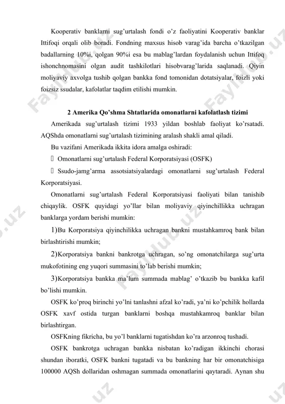 ushbu ma’lumotlar bo’yicha quyidagi ma’lumotlarni tahlil qilish mumkin: 7-jadval osfk tomonidan 1970-1985 yillar orasida moliyaviy qiyinchilikka uchrashligi sababi bilan yopilgan banklar to’g’risida ma’lumot yillar yopilgan banklar bank- lar soni umumiy omonatlar (ming dollar) osfk tomonidan omonatlari qaytgan banklar soni osfk tomonidan mustahkam banklar bilan birlashtirgan banklar soni 1970 8 55,229 4 3 1971 6 132,058 5 1 1972 3 99,784 1 - 1973 6 971,296 3 3 1974 4 1,575,832 - 4 1975 14 340,574 3 10 1976 17 865,659 3 13 1977 6 205,208 - 6 1978 7 854,154 1 6 1979 10 110,696 3 7 1980 10 216,300 3 7 1981 10 3,826,022 2 8 1982 42 9,908,379 7 35 1983 48 5,441,6,8 9 39 1984 79 2,883,162 16 63 1985 120 8,059,441 29 91 manba: osfk yillik hisoboti, 1985yil, 61-68 betlar. 1970 yilda osfk tomonidan 8 ta moliyaviy nobarqaror banklar yopilgan. ulardan 4 tasining omonatlari o’z egalariga …