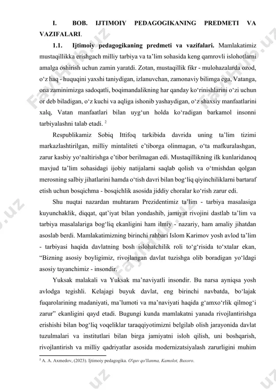 i - bu shaxsning ijtimoiylashuv jarayonidir. ijtimoiy pedagogika, ayniqsa, “og‘ir guruh”larga alohida e’tibor qaratadi. bu guruhga taqdir taqozasi bilan og‘ir vaziyatlarga tushib qolgan shaxslar kiradi. bular: narkomanlar, ishsizlar, jinoyatchilar, qamoqda o‘tirib chiqqan kasallar, jinoiy guruhlarga va man etilgan diniy sektalarga o‘zlari bilmagan holda kirib qolgan shaxslar va h.k kiradi. shuningdek, ijtimoiy pedagogika katta yoshdagi va qariyalarni, ishlab chiqarish jarayonlaridagi rahbar va xodimlarning o‘zaro munosabatlari, ayollar tarbiyasi, kasbidan qoniqmaganlik, qolaversa dam olishga, ruhiy kasallangan, ta’lim olishdagi muammolar, tarbiyasi og‘ir bolalar kabi muammolarni ham nazardan chetga qoldirmaydi. [footnoteref:4] [4: a. a. axmedov, (2023). ijtimoiy pedagogika. o'quv qo'llanma, kamolot, buxoro.] ijtimoiy hayotning turli jabhalaridagi bu insonlar, albatta, yuqori malakali pedagogik yordamga muhtojdirlar. ijtimoiy pedagogikaning fan sifatidagi ta’rifi bir qator baxs - munozaralarga sabab bo‘lmoqda. yaxshi ma’lumki, har qanday fan inson bilimi sohasi sifatida nazariya va amaliyotning birligi sifatida faoliyat yuritadi. bu ikki soha doimo bir - birini to‘ldirib kelishadi va voqelikning mukammallashuviga o‘z …