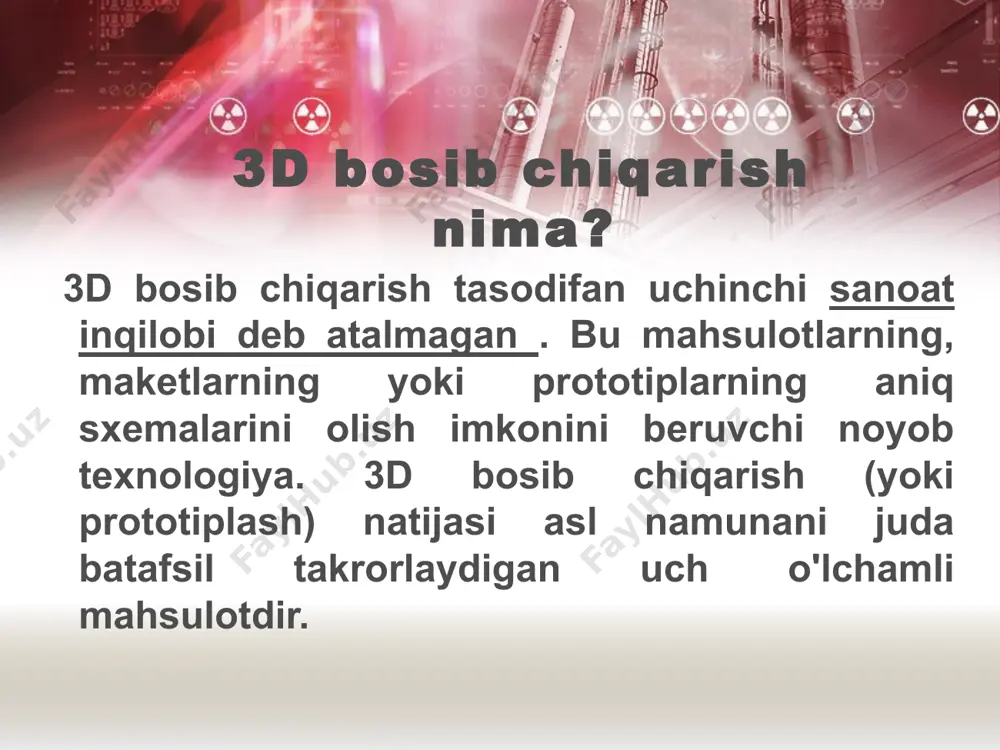 hda keng qo'llaniladi. qo'llash sohasi qurilish janubiy kaliforniya universiteti muhandislari katta ob'ektlar bilan ishlash uchun 3d bosib chiqarish tizimini yaratdilar. tizim beton qatlamlardan devorlarni o'rnatadigan qurilish krani printsipi asosida ishlaydi. qo'llash sohasi kichik partiyalar ishlab chiqarish internet-rol o'yinlari ishtirokchilari uchun san'at, harakat figuralari, kelajakdagi iste'mol tovarlari yoki ularning tarkibiy qismlarining prototiplari va kontseptual modellari kabi eksklyuziv mahsulotlarni ishlab chiqarish . qo'llash sohasi dori 3d-printerlar protezlash va stomatologiyada qo'llaniladi, chunki 3d bosib chiqarish klassik ishlab chiqarish texnologiyasiga qaraganda protez va tojlarni tezroq olish imkonini beradi. qo'llash sohasi kiyim-kechak ishlab chiqarish 3d bosib chiqarish texnologiyasiga ega printerlar asta-sekin kiyim ishlab chiqarish sohasini va birinchi navbatda, yuqori moda uchun modellar ishlab chiqarishni o'zlashtirmoqda. 3d bosib chiqarish texnologiyasi bir parcha kiyim ishlab chiqarish uchun bir nechta turli materiallardan foydalanish imkonini beradi. qo'llash sohasi zargarlik buyumlari zargarlik buyumlarini ishlab chiqarishda eng ko'p vaqt talab qiladigan protsedura mum prototiplarini yaratish bo'lib, bu juda ko'p vaqtni talab …