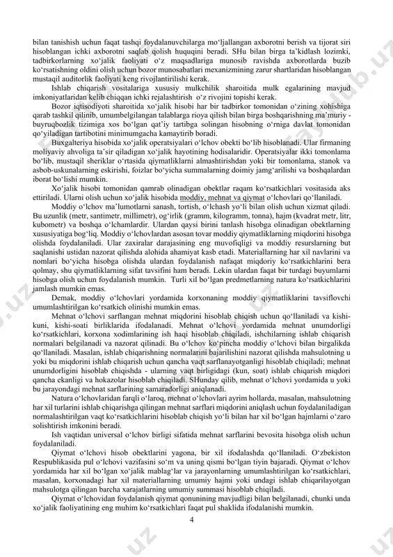 g saqlanishini ta’minlash hamda auditni tashkil qilish maqsadida hisobning tegishli registrlarida ro‘yxatga olinishi lozim. demak, hisob deganda olingan ma’lumotп иlardan ma’lum bir amaliy yoki ilmiy maqsadlarda keyinchalik foydalanish uchun yoki boshqa voqealar, harakatlar, dalillarni qayd etishni tushunmoq kerak. xo‘jalik hisobi deb xo‘jalik faoliyatining rivojlanish istiqbollarini aniqlash, uni boshqarish va nazorat qilish maqsadida shu jarayonni miqdoriy (qiymat, mehnat) aks ettirish va sifat jihatidan tavsiflashga aytiladi. bozor iqtisodiyotidagi xo‘jalik hisobining maqsadi foydaning shakllanish jarayoni ustidan kuzatish hisoblanib, uning yordamida tadbirkorlar ishlab chiqarish hajmini oshirish, mahsulot (ish, xizmat)lar sifatini yaxshilash hamda yaratilgan mahsulot tannarxini kamaytirish imkoniyatiga ega bo‘ladilar. bozor iqtisodiyoti sharoitida ishlab chiqarish vositalarining katta qismiga ega bo‘lgan tadbirkorlarning manfaatiga rioya qilinadi. xo‘jalik hisobidan ham xuddi shu yo‘nalishda foydalaniladi. uning yordamida tadbirkorlar ishlab chiqarish samaradorligini oshirishning yangidan - yangi vositalarini topib, amalga oshirilayotgan faoliyatdan eng yuqori yutuqlarga ega bo‘ladilar va ularni olish yo‘llarini aniqlaydilar. shunday qilib, bozor iqtisodiyotida xo‘jalik hisobidan, asosan tadbirkorlar - …