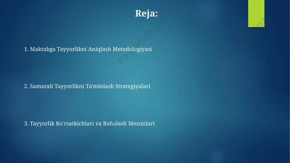 tabga psixologik tayyorgarligini aniqlashda, 5-7 yoshdagi bolalarda o'z-o'zini boshqarish ko'nikmalarining rivojlanish darajasi, masalan, diqqatni jamlash va emotsional barqarorlik, samarqand viloyati maktabgacha ta'lim muassasalarida o'tkazilgan tadqiqotlar natijalariga ko'ra muhim ahamiyat kasb etadi. o'zbekistonning turli hududlarida, jumladan, toshkent va farg'ona shaharlarida o'tkazilgan testlar shuni ko'rsatdiki, maktabga tayyorgarlik darajasini aniqlashda 30% bolalarda nutq rivojlanishi bilan bog'liq muammolar aniqlangan, bu esa o'qituvchilarga individual yondashuvni talab qiladi. o'qishga tayyorlik toshkent shahridagi ta'lim muassasalarida o'tkazilgan tadqiqotlar shuni ko'rsatdiki, maktabga tayyor bolalarning 80% raqamlarni 10 gacha sanay oladi va oddiy geometrik shakllarni biladi. o'qishga tayyorlikni aniqlashda, 5-7 yoshdagi bolalarning 20 ta so'zni eslab qolish qobiliyati va samarqanddagi maxsus testlar natijalari muhim ahamiyatga ega. maktabga tayyorlikni aniqlash metodologiyasi farg‘ona vodiysida amalga oshirilgan loyihada, 6 yoshli bolalarning matematik qobiliyatini baholashda 20 ta topshiriqdan iborat test qo‘llanilib, natijalar bolalarning maktabga tayyorlik darajasini aniqlashda muhim rol o‘ynadi. maktabga tayyorlikni aniqlashda, samarqand viloyatida o‘tkazilgan tadqiqotlar shuni ko‘rsatdiki, 5 yoshli bolalarning 70% o‘qishga …