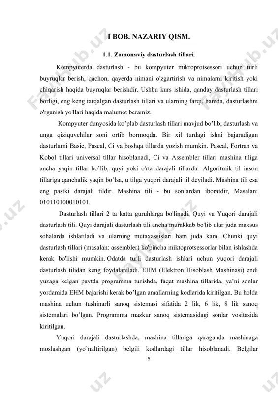 o'g'risida e'lon qilindi. lazarus proekti amaliyotidagi (free pascal) dasturlash tili delphi dasturlash muhitida gnu/linux, mac os x va windows ce platformalari uchun dasturlar yaratishga imkoniyat beradi. visual basic (talaffuzi: "vijual beysik") microsoft korporatsiyadan dasturlash tili va uning uchun dasturlash muhitdir. u basicdan ko`p tushunchalar oldi va tez rasmli interfeys bilan dasturlar taraqqiyot ta`minlaydi. oxirgi versiya 1998-yilda reliz kelishdi. microsoftdan voris visual basic .net 2002-yilda paydo bo`ldi. java dasturlash tili - eng yaxshi dasturlash tillaridan biri bo'lib, unda korporativ darajadagi mahsulotlarni(dasturlarni) yaratish mumkin. bu dasturlash tili oak dasturlash tili asosida paydo bo'ldi. oak dasturlash tili 90-yillarning boshida sun microsystems tomonidan platformaga (operatsion tizimga) bog'liq bo'lmagan holda ishlovchi yangi avlod aqlli qurilmalarini yaratishni maqsad qilib harakat boshlagan edi. bunga erishish uchun sun hodimlari c++ ni ishlatishni rejalashtirdilar, lekin ba'zi sabablarga ko'ra bu fikridan voz kechishdi. oak muvofaqiyatsiz chiqdi va 1995-yilda sun uning nomini java ga almashtirdi, va uni www rivojlanishiga hizmat qilishi …
