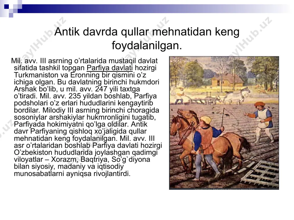 osimlari. antik davr o’rta osiyo xalqlari moddiy va ma’naviy madaniyatida jiddiy o’zgarishlar sodir bo’ldi. mil. avv. iv-ii asrlar oromiy yozuvi asosida xorazm, parfiya va so’g`d yozuvlari paydo bo’ldi. kushon davriga kelib yana bir yozuv-kushon (baqtriya) yozuvi shakllanadi. dehqonchilik va chorvachilik. . hunarmandchilik: kulolchilik, to’qimachilik,metallsozlik, zargarli, toshtaroshlik, shishasozlik. shahar me’morchiligi: turor joylar, saroylar, ibodatxonalar.vima kadfiz davrida pul isloxati va tovar-pul munosabatlari.ichki va tashqi savdo. diniy e’tiqodlar va ko’mish marosimlari. dalvarzintepa, ko’xna termiz va kampirtepa nauslari. qadimgi baqtriyada buddaviylik dinining tarqalishi. qoratepa, fayoztepa, ayritom va dalvarzintepa buddaviylik ibodatxonalari. kushonlar davri baqtriya madaniyatini shakllanishida ko’chmanchi qabilalarning, ellin va hind-ganxar buddaviylik madaniyatlarining o’rni. kushonlar davri san’ati: devoriy suratlar, monumental xaykaltaroshlik, terrakota xaykalchalari. kushonlar davri baqtriyasi madaniyatining jahon tsivilizatsiyasida tutgan o’rni. qadimgi sug’diyona antik davrida. sug’diyona haqida yozma manbalar. nautaka va ksenippa. ·adimgi sug’diyona shahar va qishloqlari: afrosiyob, erqo’rg’on, buxoro,kitob, qalai zoxaki maron, romishtepa, varaxsha, qo’rg’ontepa va boshqalar. shahar me’morchiligi: turor joylar, saroy va ibodatxonalar. …