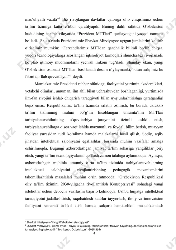 samarali bartaraf etish masalasi bugungi kunning eng dolzarb muammosi bo‘lib qoldi. kurs ishining maqsadi: didaktik o‘yinlar orqali rivojlantirish bo‘yicha taklif va tavsiyalar ishlab chiqish. kurs ishining ob’ekti: didaktik o’yinlardan foydalanish jarayoni. kurs ishining hajmi va tuzulishi: ushbu kurs ishi tuzilish jihatdan kirish, 2 ta bob, 4 ta paragraf, xulosa, foydalanilgan adabiyotlar ro‘yxati va ilovalardan iborat bo‘lib, uning asosiy hajmi 59 betni tashkil qiladi i bob. didaktik o‘yinlar orqali rivojlantirishning ilmiy-nazariy asoslari 1.1. tarbiyalanuvchi intellektini rivojlantirishning me’yoriy-huquqiy va ilmiy nazariy asoslari didaktik o’yinlar orqali rivojlantirishning pedagogik imkoniyatlari haqida so’z borar ekan, eng avvalo “intellect” va “didaktik o’yin” atamalarining ma’nosiga to’xtalamiz. intellekt (lotincha intellectus– aql, idrok, zehn) – keng ma’noda: kishining voqea-hodisa mohiyatini to‘laligicha bilishiga asoslangan va u orqali namoyon bo‘ladigan faoliyati; tor ma’noda: insonning tafakkur, fikr yuritish salohiyati. intellekt kishilarning aql, idrok, zakovat, ma’naviy jihatdan yetuklik darajasini ham bildiradi; tasavvur, idrok, sinchkovlik orqali jamlangan materialni bilish usullari (taqqoslash, abstraksiya, tushuncha, hukm …