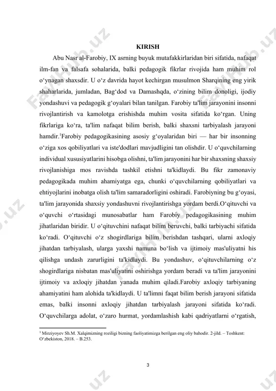 m ahamiyatga ega, chunki o‘quvchilarning qobiliyatlari va ehtiyojlarini inobatga olish ta'lim samaradorligini oshiradi. farobiyning bu g‘oyasi, ta'lim jarayonida shaxsiy yondashuvni rivojlantirishga yordam berdi.o‘qituvchi va o‘quvchi o‘rtasidagi munosabatlar ham farobiy pedagogikasining muhim jihatlaridan biridir. u o‘qituvchini nafaqat bilim beruvchi, balki tarbiyachi sifatida ko‘radi. o‘qituvchi o‘z shogirdlariga bilim berishdan tashqari, ularni axloqiy jihatdan tarbiyalash, ularga yaxshi namuna bo‘lish va ijtimoiy mas'uliyatni his qilishga undash zarurligini ta'kidlaydi. bu yondashuv, o‘qituvchilarning o‘z shogirdlariga nisbatan mas'uliyatini oshirishga yordam beradi va ta'lim jarayonini ijtimoiy va axloqiy jihatdan yanada muhim qiladi.farobiy axloqiy tarbiyaning ahamiyatini ham alohida ta'kidlaydi. u ta'limni faqat bilim berish jarayoni sifatida emas, balki insonni axloqiy jihatdan tarbiyalash jarayoni sifatida ko‘radi. o‘quvchilarga adolat, o‘zaro hurmat, yordamlashish kabi qadriyatlarni o‘rgatish, ularni jamiyatda faol ishtirok etishga tayyorlaydi. bu jarayon, o‘quvchilarni ijtimoiy mas'uliyatni his qilishlariga yordam beradi va ularni yaxshiroq insonlar sifatida tarbiyalashga xizmat qiladi. [1: mirziyoyev sh.m. xalqimizning roziligi bizning faoliyatimizga berilgan eng oliy bahodir. 2-jild. – …