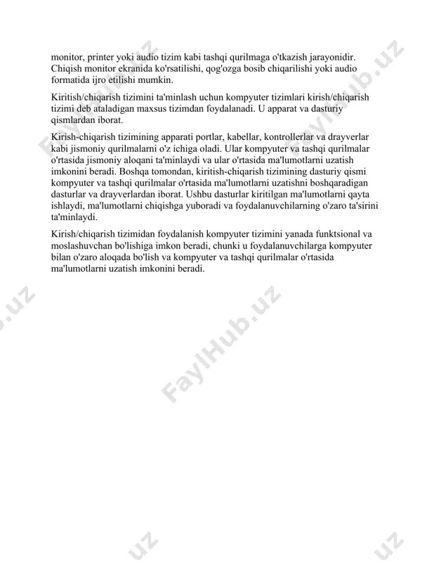 va chiqish qurilmasi. kirish qurilmalari klaviatura yoki tarmoq kabi tashqi manbalardan ma'lumotlarni o'qish uchun ishlatiladi. chiqarish qurilmalari dastur ma'lumotlarini tashqi muhitga uzatish, masalan, uni ekranda ko'rsatish yoki printerda chop etish uchun ishlatiladi. kirish/chiqarish tizimi qanday ishlaydi? dastur operatsion tizim tomonidan taqdim etilgan standart interfeyslar orqali kirish/chiqarish tizimi bilan o'zaro ta'sir qiladi. operatsion tizim kiritish-chiqarish qurilmalarini boshqarish va ushbu qurilmalarga dastur kirishini ta'minlash uchun javobgardir. dastur kiritishni talab qilganda, u operatsion tizimga so'rov yuboradi, so'ngra kiritish qurilmasini faollashtiradi va dastur uchun ma'lumotlarni oladi. xuddi shunday, ma'lumotlarni chiqarishda dastur ma'lumotlarni operatsion tizimga uzatadi, so'ngra ma'lumotlarni tegishli chiqish qurilmasiga yuboradi. kirish/chiqarish tizimi dasturlashda muhim rol o'ynaydi, chunki u dasturlarga tashqi qurilmalar va foydalanuvchilar bilan bog'lanish imkonini beradi. kirish-chiqarish tizimi tufayli biz ma'lumotlarni kiritishimiz, natijalarni chiqarishimiz, fayllarni qayta ishlashimiz, tarmoq bilan ishlashimiz va boshqa ko'p narsalarni amalga oshirishimiz mumkin. kirish/chiqarish tizimi qanday ishlaydi? kiritish-chiqarish (i/u) tizimi bir necha komponentlardan iborat: 1. kiritish/chiqarish qurilmalari - …