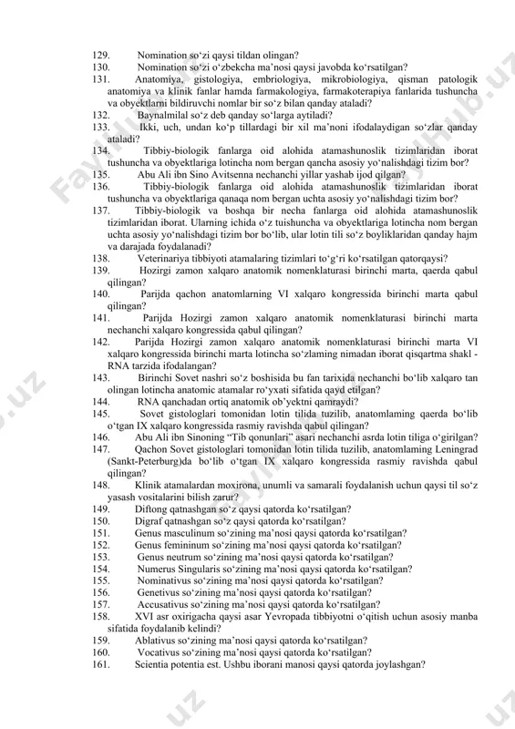 so‘z "spiritus" so ‘zi bilan qo‘llanadi? 92. kislorodsiz kislota anioni qaysi sufiksda ko‘rsatilgan? 93. hindiyevropa oilasining italyan guruhiga mansub til qaysi javobda berilgan? 94. italiya markazidagi latsiya orolida yashovchilar (qabila-urug‘), rimning italiya qabilalari hukmronligi ostidagi urug‘lari qaysi tilda so‘zlashgan? 95. iii asr o‘rtalaridan rim regionlari bilan — yunoniston, karfagen, misr, suriya va yevropaning qabilalariga nima kirib boradi? 96. yunonlar asosan nimani shakillantirishda katta hissa qo‘shgan? 97. buqrot kim bo‘lgan? 98. yevropada yana 100 yillar mobaynida o‘rta asrlar davrida o‘rta asr lotini, yuksalish davrida qanday nom bilan davom ettirdi? 99. roman tillarinlng keyingi rivojlanish davri nechanchi asrga to‘g‘ri keladi? 100. o‘rta asr lotini, yuksalish nechanchi asrlarga to‘g‘ri keladi? 101. avval lotin tilida - qaysi orolda yashovchilar (qabila-urug‘) va qaysi qabilalari hukmronligi ostidagi urug‘lari so‘zlashgan? 102. roman tillariga asosi qaysi til? 103. “inson' tanasining tuzilishi” nomli klassik asarini lotincha ma’nosi qaysi javobda berilgan? 104. atoqli ingliz hakimi, uilyam nimani kashf etgan? 105. …