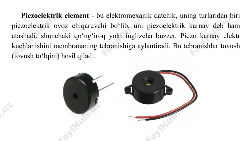 erga, qizil simni raqamli pwm piniga ulash lozim. dasturda bitta pin "kirish" sifatida tuzilgan. arduino tugmachadan, rezistordan va datchiklardan kuchlanish bilan ta'minlangan pindagi kuchlanish o‘zgarishini kuzatadi. "kirish" ga kuchlanish har xil qiymatlar bilan ta'minlanadi, tizim faqat ikkita holatni aniq belgilaydi - yuqorida aytilgan 1 va 0 (mantiqiy nol va bir). mantiqiy birlik 2,3-5 v kuchlanishni nazarda tutadi. "chiqish" rejimi arduino chiqishga nol / bir mantiqni qo‘llagan paytdir. agar biz mantiqiy nol rejimini olsak, u holda kuchlanish qiymati shunchalik kichikki, ledni yoqish yetarli emas. modelni yig‘ish uchun bizga quyidagilar kerak: arduino platasi papa-papa simlari piezoelektrik element arduino ide dasturi, uni arduino veb -saytidan yuklab olish mumkin. arduinoga o‘rnatilgan tugmachani led bilan shunday ko‘rinishga ega: qurilmaning to‘g‘ri ishlashi uchun pin raqamini o‘rnatish, uni "chiqish" deb belgilash kerak. analogwrite funktsiyasi pin raqamini va darajasini argument sifatida qabul qiladi, bu uning qiymatini 0 dan 255 gacha o‘zgartiradi. buning sababi shundaki, arduino pwm pinlarida 8 …
