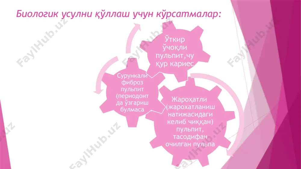 ки оксицеллодекс илдиз каналларининг кириш қисмида қолдирилади. даволовчи таглик таркибидаги анестетикка нисбатан аллергик реакция. даволовчи воситани қўллашдан аввал бемордан тўлиқ аллергик анамнезни йиғиш лозим. агар аллергик ҳолат юзага келса, унда десенсебилизацияловчи терапия, юрак ва нафас функцияларини стимулловчи воситалар, седатив терапия воситаларини қўллаш лозим. пульпа қисман олиб ташлангач ҳарорат таъсирига сезувчанлик ортади. сабаби – канал кириш қисмидан пульпани тўлиқ олинмаслиги натижасидир . бунда қайтадан қолдиқ пульпани олиш зарурияти юзага келади. эътиборингиз учун рахмат! image1.png image2.png image3.png image4.png image5.png image6.png image7.png image8.jpeg image9.jpeg image10.jpeg image11.png image12.png image13.png image14.png image15.png image16.png /docprops/thumbnail.jpeg