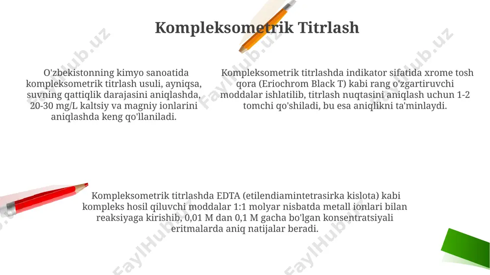 a toshkentdagi kimyo laboratoriyalarida standart protsedura hisoblanadi. volumetrik analizning qo'llanilishi kimyoviy reaksiyalarni o'rganishda, reaksiya tezligini va darajasini aniqlash uchun 5-10 ta turli konsentratsiyadagi eritmalar bilan volumetrik analiz andijon viloyatida joylashgan oliy o'quv yurtlarida o'tkaziladi. volumetrik analiz, 0,1 m hcl eritmasi yordamida 250 ml namunadagi sirka kislotasining konsentratsiyasini aniqlashda, masalan, oziq-ovqat sanoati, toshkentdagi zavodlarda keng qo'llaniladi. suvning qattiqligini aniqlashda, magniy va kaltsiy ionlarining miqdorini 10-100 ppm oralig'ida aniqlash uchun edta bilan kompleksometrik titrlash usuli orqali volumetrik analiz samarqanddagi suv tahlil laboratoriyalarida qo'llaniladi. massa fraksiyasi massa fraksiyasi, ikki komponentli eritmada, 25 gramm gliserin va 75 gramm suvdan tashkil topgan eritmada, gliserinning massa fraksiyasi 25/(25+75) = 0.25 yoki 25% ni tashkil etadi, bu samarqanddagi farmatsevtika zavodlarida muhim ahamiyatga ega. massa fraksiyasi, masalan, 10 gramm tuz 90 gramm suvda erigan eritmada 10/(10+90) = 0.1 ga teng bo'lib, bu 10% li tuz eritmasini bildiradi va bu nisbat toshkentdagi kimyoviy laboratoriyalarda keng qo'llaniladi. massa fraksiyasi hisoblashda, …
