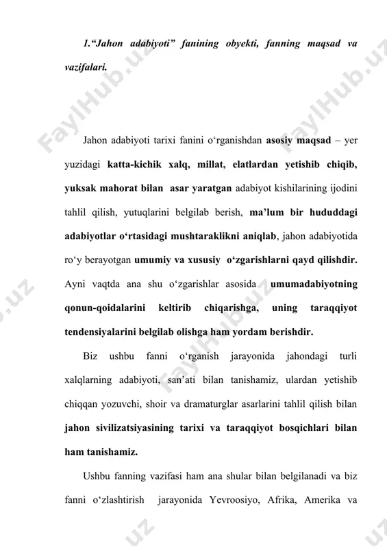 gan holda bo‘lib chiqadi. bunday hududiy bo‘linish quyidagichadir: 1. sharq adabiyoti: hind-xitoy xalqlari adabiyoti, yapon adabiyoti, avstraliya, zelandiya va okeaniya xalqlari adabiyoti, o‘rta osiyo va kavkaz xalqlari adabiyoti. 2. g‘arb adabiyoti: yevropa xalqlari adabiyoti, skandinaviya xalqlari adabiyoti. 3. afrika xalqlari adabiyoti. 4. arab xalqlari adabiyoti. 5. amerika xalqlari adabiyoti. ushbu hududiy bo’linishlar o’sha xalqlarning o’rnashgan joyi, etnik yaqinligi, ijtimoiy-siyosiy, madaniy taraqqiyot bosqichlaridagi rivojning yaqinligi bilan belgilanadi. bu bo’linishlar o’z navbatida yana kichik-kichik qismlarga bo’linib boradiki, bu masala keyingi mavzularda hal qilib boriladi. masalan, o’rta osiyo va qozog’iston xalqlari adabiyoti: o’zbek adabiyoti, qirg’iz adabiyoti, qozoq adabiyoti, tojik adabiyoti, qoraqalpoq adabiyotidan iborat. hududiy bo’linishning ilmiy afzalligi shundaki, har bir o’quvchi jahon xalqlari adabiyotini o’rganar ekan, turli-tuman adabiyotni bir-biri bilan adashtirib yubormaydi, ularni bir-biriga qiyoslay oladi. har bir katta hududiy adabiyotning o’ziga xos tomonlarini o’zlashtira oladi. ushbu soha o’ta keng, o’rganilishi kerak bo’lgan adabiyotlar ko’pligi sababli jahon adabiyotini taraqqiyot bosqichlariga ham bo‘lib chiqishga …
