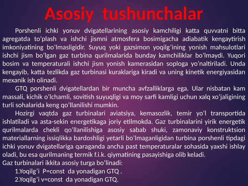 simon yoki suyuq yoqilg’i kompressor 3 yoki yoqilg’i nasosi yordamida beriladi. bahzan yonish kamerasiga alohida kela­digan yoqilg’i va havo o’rniga oldindan karbyuratorda tayyorlangan yonuvchi aralashma beriladi. klapanlar yopiq bo’lganda yonish kamera­sida yoqilg’i odatda elektrik svecha 8 dan yondiriladi. yoqilg’i yonishi o’zgarmas hajmda sodir bo’ladi. yoqilg’ining yonishi tugagandan so’ng, chiqarish klapani ochiladi va yonish mahsulotlari turbinaning soplolari 5 ga kirib, atmosfera bosimigacha adiabatik kengaya­di. soplodan oqib chiqayotgan gazlar turbina kuraklari 6 ga kela­di, tegishlicha ish bajaradi va turbinaning chiqish patrubogi 7 orqali atmosferaga chiqarib yuboriladi. qurilmaning foydali ishini energiya istehmolchisi 9 qabul qiladi. 5 va 6-rasmlarda r, v va ts -diagrammalarda gtqning v= const da issiqlik berilishi bilan boradigan ideal sikllari tasvirlangan. boshlang’ich parametrlari r1, v1 , t1 bo’lgan ishchi jism 1-2 adiabata bo’yicha nuqta 2 gacha siqiladi. keyin 2-3 izohora bo’yicha ishchi jismga q1 - solishtirma issiqlik miqdori beriladi. ishchi jism 3-4 adiabata bo’yicha boshlang’ich bosimgacha kengayadi va 4-1 izobara …