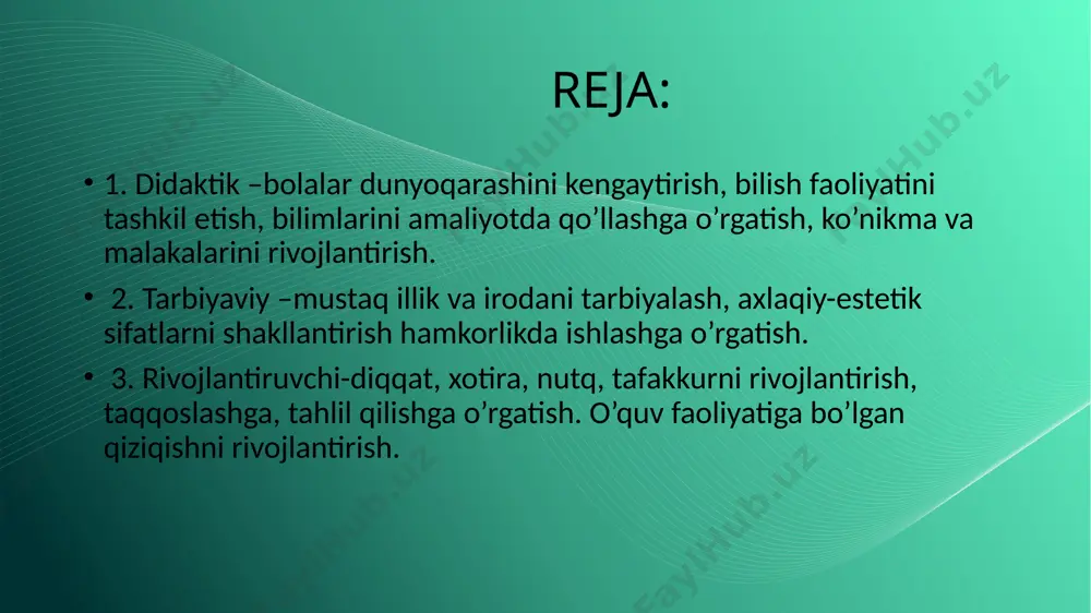 uvofiqdir. tarbiyachi bolalar faoliyatini boshqaradi, ya’ni ularni o’yin mazmuni bilan tanishtirib, faol va mustaqil harakatlar bajarishga undaydi, qoidalarining to’g’ri bajarilishini nazorat qiladi. bunday qoidalar (qachon va qayerda, qanday haraklarni bajarish, birgalikda ishlash, qiziqarli bo‟lgan rollarni navbat bilan bajarish va hokazo) ishtirokchilarning munosabatlariga ta‟sir korsatadi. masalan, ayrim o‟yinlarda bolalar berilgan topshiriqni birgalikda bajarishlari kerak bo‟ladi. bunday o‟yinlar bolalarni birlashtiradi, ular o‟rtasida samimiy munosabatlarni o‟rnatishga yordam beradi. bolalar topshiriqni navbat bilan bajarsalar, o‟z o‟rtoqlariniki bilan solishtirish imkoniyatiga ega bo‟ladilar. agar bola o‟yinni yoqtirib qolgan bo‟lsa, uni takrorlashni xohlaydi, harakatlarni mustaqil bajaradi. o‟yinning asosiy maqsadi ham shunda. shu jarayon davomida rivojlantiruvchi omillar ham ro‟yobga chiqadi. birinchi komponent –atrof muhit haqidagi ma‟lumotlar va ularni qabul qilish hamda qayta ishlash uchun zarur bo‟lgan tafakkur jarayonlari, ya‟ni: • bolani tevarak-atrofdagi muhitda qiziqtiradigan narsalar va jarayonlar; • ma‟lumot olish vositasi • malumotni qayta ishlash o‟yin, mashg‟ulot,sayr, kechki soat kabi pedagogik jarayonlarda tarbiyachi bolaning vositasi sifatida muayyan funksiyalarni …