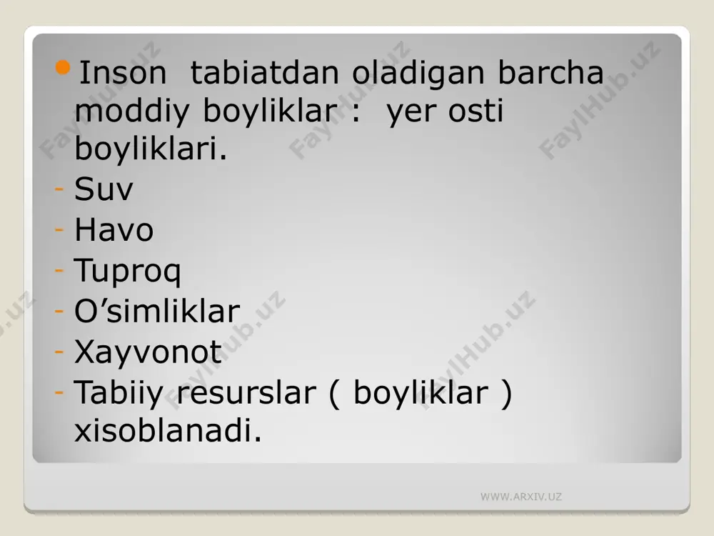 ulardan qayta tozalash foydalanish imkoniyati mavjud. www.arxiv.uz www.arxiv.uz orol dengizi suv sathining pasayishi sababli uning atrofdagi o’lkalar xavo xar xil tuzlar, changlar , zaxarli kimyoviy moddalar bilan o’ta ifloslangan xar yili orol dengizining qurigan qismidan 15 – 75 million tonna chang va to’zonlar ko’tarilib juda katt maydonni ifloslamoqda. www.arxiv.uz www.arxiv.uz respublikamizda daryolarini: sanoat korxonalar maishiy xizmat sog’lomlashtirish tashkilotlari parandachilik majmui chorvachilik majmui chorvachilik fermerlari zovurlari ifloslanmoqda. www.arxiv.uz www.arxiv.uz suv boyliklarini toza saqlashdagi asosiy vazifa o’sha korxonalardan chiqayotgan iflos suvlarni tozalab zararsizlantirib so’ngra suv xavzalariga tashlashga erishishdan iborat. www.arxiv.uz www.arxiv.uz respublikamiz xavosining musaffo xushmanzara yerlarining ko’p bo’lishi avvalo yashil o’simliklarga ayniqsa o’rmonlarga bog’liq. aholining o’rmonlariga ayniqsa mevali va doivor o’simliklarga nisbatan noto’g’ri munosabatda bo’lishi tufayli ular kamayib ketmoqda. www.arxiv.uz www.arxiv.uz o’zbekistonda turi soni kamayib borayotgan noyob o’simlik va hayvonlarni xisobga oluvchi 2 jidli “ o’zbekiston qizil kitobi ” nashr etilgan o’zbekiston tabiatni muhofaza qilishga qo’riqhonalar milliy bog’ va buyurtmalarning axamiyati juda …