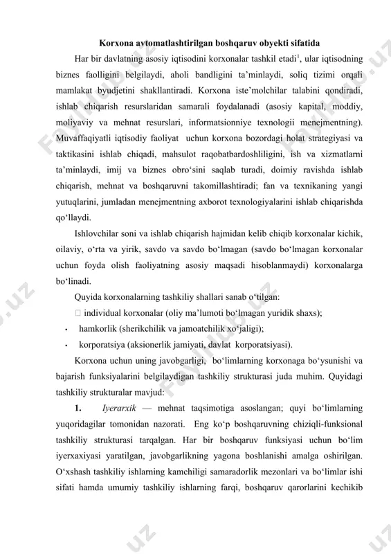 iziqli-funksional tashkiliy strukturasi tarqalgan. har bir boshqaruv funksiyasi uchun bo‘lim iyerxaxiyasi yaratilgan, javobgarlikning yagona boshlanishi amalga oshirilgan. o‘xshash tashkiliy ishlarning kamchiligi samaradorlik mezonlari va bo‘limlar ishi sifati hamda umumiy tashkiliy ishlarning farqi, boshqaruv qarorlarini kechikib qabul qilish, innovatsiyalarni va menejment tizimi sifatini joriy etishdagi qiyinchililar hisoblanadi. 2. divizion struktura diversifitsiyalangan faoliyatni amalga oshiruvchi, murakkab texnologik jarayonlardan foydalanuvchi yirik korxonlarda shakllangan. bu boshqaruvni markazlashmagan tizimga o‘tish va korxona bo‘limlari – divizionlarga tezkor masalalarni yechishda mustaqil bo‘lish zaruriyatiga olib keladi. divizionlarga boshqaruv qarorlarini amalga oshirish uchun muayyan resurslar beriladi, biroq strategi boshqaruv, ilmiy-tadqiqot ishlanmalari, moliyaviy boshqaruv korxona ko‘lamida markazlashgan holda qoladi. 3. matritsaviy struktura funksional bzlimlarning to‘liq yo‘qligi, boshqaruv apparatining qisqarishi, boshqaruv qarorlarini qabul qilishda samarali usullarni qo‘llash imkoniyatini taqdim etadi. matritsaviy strukturada bajaruvchilar funksional xizmat rahbariga va loyiha rahbariga bo‘ysunishlari mumkin. matritsaviy strukturaning afzalligi loyihaviy maqsadlar va mijoz talablariga yo‘naltirilganlik, tezkor qaror qabul qilish, personning yakuniy natija – loyiha maqsadini tasavvur …