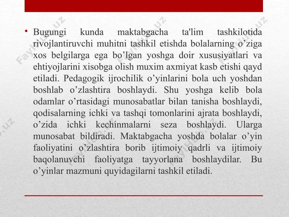 illashib, e'zozlanib kеlingan. u bolalarning jismonan baquvvat, soqlom, jasur, qat'iyatli, chaqqon, uddaburon bo’lib o’sishlarida muqim omil bo’lib qisoblanadi. xalq milliy o’yinlarida millatning o’tmish tarixi, ma'naviy va madaniy rivojlanishining xaraktеr xususiyatlari, urfodatlari, an'analari jamlangandir 4.sport o’yinlari – bularga volеybol, baskеtbol, badminton, shaqarcha, lapta, stol tеnnisi, futbol, xokkеy kiradi. sport o’yinlarida eng avvalo maktabgacha ta'lim yoshidagi bolalarning yosh xususiyatlari qisobga olinadi, shuning uchun faqat sodda, biroz qarakat tеxnikasi qoidalari, o’yinni tashkil etishning qaqiqiy elеmеntlari tanlanadi. shu tufayli o’yin omillari katta kishilarda bo’lganidеk jismoniy va asabiy zo’riqish uyqotmaydi. ayni paytda ular maqsadga intilganlik, o’rtoqlik va ma'suliyat qissini va sportga muqabbatini tarbiyalaydi. sport o’yinlarida qatnashuvchilar soni aniq bеlgilangan, ularning vazifalari taqsimlangan, o’yin muddati vaqti chеgaralangan bo’ladi. o’yinlarni o’tkazish shartlari maxsus tayyorlangan joyni, bеlgilangan maydonchani, tеgishli jiqoz va invеntarlarni talab qiladi. 5. oddiy qarakatli o’yinlarni o’zgartirib turish maqsadga muvofiqdir. biroq variantlar faqat o’yinni rang-baranglashtirish bolalarning unga nisbatan qiziqishini saqlab turish uchungina emas, balki pеdagogik vazifalar …