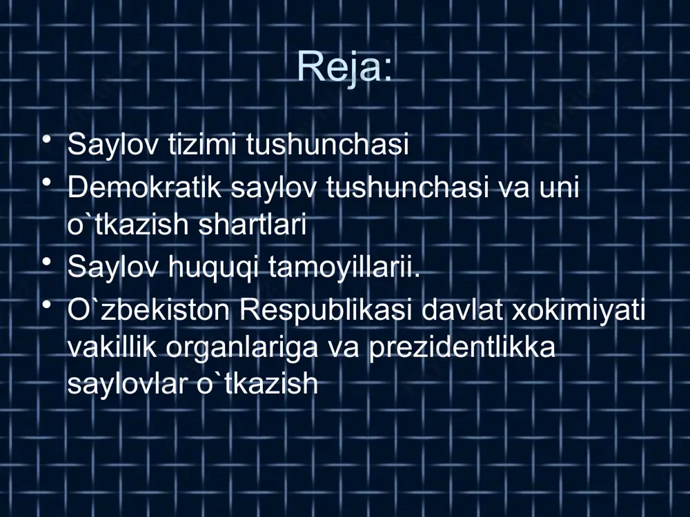 iyasi (22 bob)ning saylov tugrisidagi normalari. www.arxiv.uz www.arxiv.uz «o`zbekiston respublikasi prezidenti saylovi to`grisida»gi qonun (1991 y. 18 noyabr), «o`zbekiston oliy majlisiga saylov to`grisida»gi qonun (1993 y. 28 dekabr), «xalk deputatlari viloyat, tuman, shaxar kengashiga saylov to`grisida»gi qonun (1994 y. 5 may), «fuqarolarning o`zini-o`zi boshqarish organlari to`grisida»gi qonun (1999 y. 14 aprel), «fuqarolar saylov huquqlarining kafolatlari to`grisida»gi qonun (1994 y. 5 may), o`zbekiston respublikasi markaziy saylov komissiyasi to`grisida»gi qonun (1998 y. 30 aprel). konstitutsiyaning 23-bobi «saylov tizimi» deb nomlangan bo`lib, tula-tukis mazkur tizimni huquqiy jixatdan ta’minlashga bag`ishlangan. www.arxiv.uz demokratik saylov tizimi mustakil o`zbekiston respublikasida xalk xokimiyatchiligini, fuqarolarning davlatni boshkarishda ishtirok etish huquqlarini (konstitutsiyaning 32-moddasi) amalga oshirishning eng muxim mexanizmlaridan biridir. www.arxiv.uz saylov huquqining tengligi prinsipi xar bir saylovchi faqatgina bitta ovozga ega bo`lib, saylovda teng asoslarda qatnashish mumkinligida o`z ifodasini topgan. bu boradagi tenglik saylov okruglarining (250 ta) saylovchilar sonining barobar bo`lish qoidasi asosida tuzish bilan ham ta’minlanadi. bir saylov okrugidagi …
