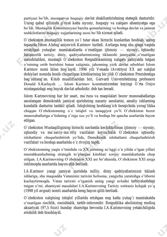 ga xosligini respublika tabiiy sharoitini aks ettiradi. o`zbekiston respublikasi oliy kengashining 1992 yildagi x sessiyasida o`zbekiston respublikasining dalvat gerbi to`g`risidagi qonun, 1992 yil 10 dekabrdagi xi sessiyasida o`zbekiston respublikasining madhiyasi to`g`risidagi qonun qabul qilindi. o`zbekiston respublikasi davlat ramzlarining qabul qilinishi mamlakatimiz mustaqilligini mustahkamlashda katta ahamiyatga ega bo’ldi. konstitutsiya – davlatning asosiy qonuni bo`lib, buyuk kelajakning huquqiy kafolatidir. yangi konstitutsiyani tayyorlash g`oyasi 1990 yilning mart oyida ilgari surila boshlandi. ko`p o`tmay, iyun oyida oliy kengashning ikkinchi sessiyasida i.a.karimov boshchiligida konstitutsiyaviy komissiya tuzildi. komissiya mustaqillikning huquqiy asoslarini ishlab chiqish jarayonida xalqaro huquq qoidalariga, birlashgan millatlar tashkiloti hujjatlariga butunjahon inson huquqlari deklaratsiyasiga tayandi. shu bilan birga boy tariximizdagi davlat boshqaruvi va odatli qonunshunoslik an`analari ham chuqur o`rganildi. 1992 yil 8 dekabrda o`zbekiston respublikasi oliy kengashining xii chaqiriq xi sessiyasida mustaqillik konstitutsiyasi qabul qilindi. uning mohiyati asosiy qoidalar bo`limida bayon etilgan. bu qoidalar: davlat suvereniteti: xalq hokimiyati: fuqarolar huquq va erkinliklirni ta`minlash: qonuniylik: hokimiyatni …